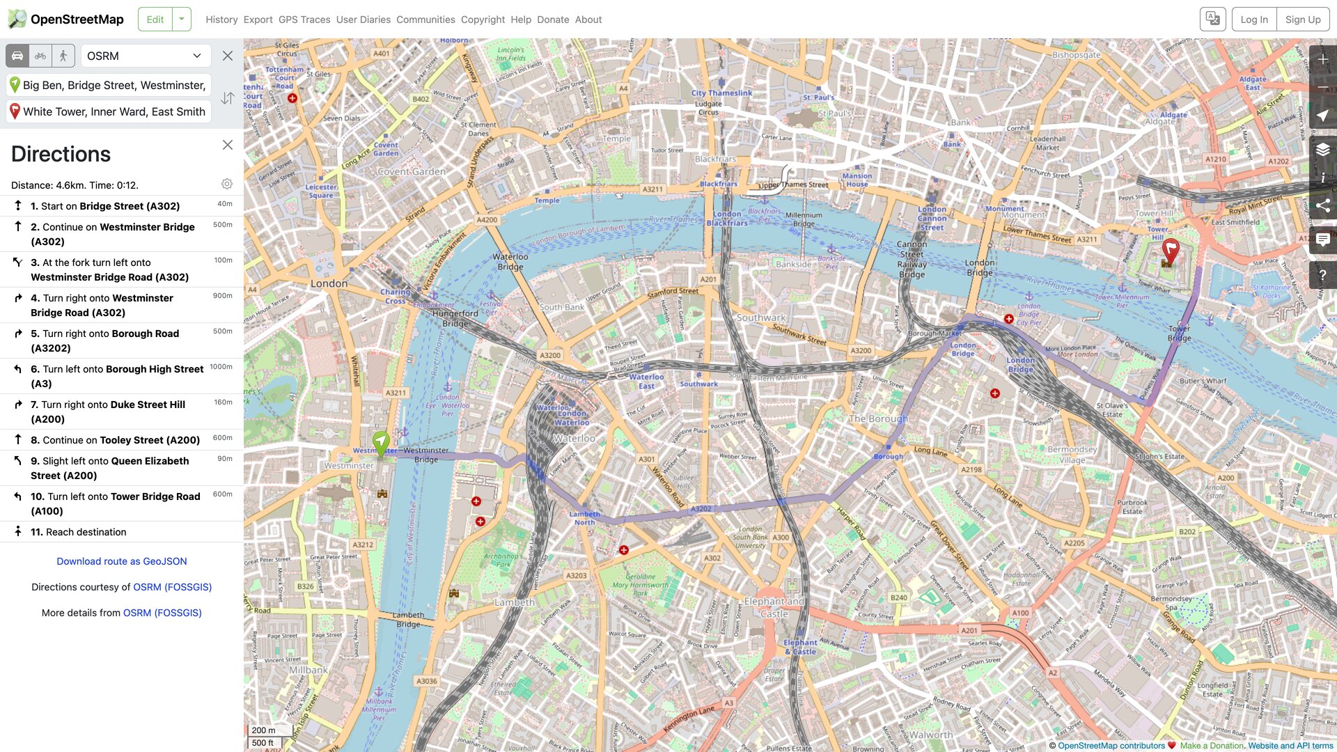 OpenStreetMap directions: a driving route from Big Ben to the Tower of London with turn-by-turn instructions