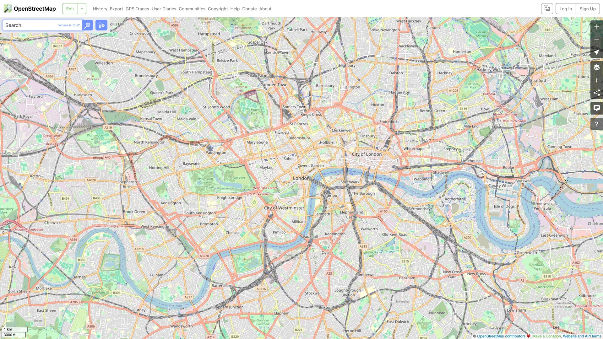The OpenStreetMap homepage showing the standard map layer over London