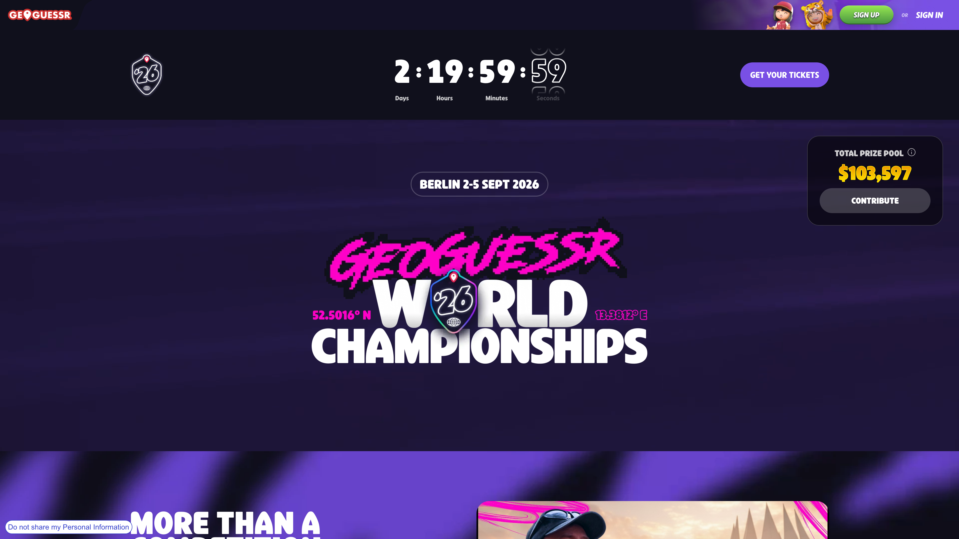 The official GeoGuessr World Championship 2026 page, showing the countdown to the Berlin finals and a live prize pool figure above $100,000