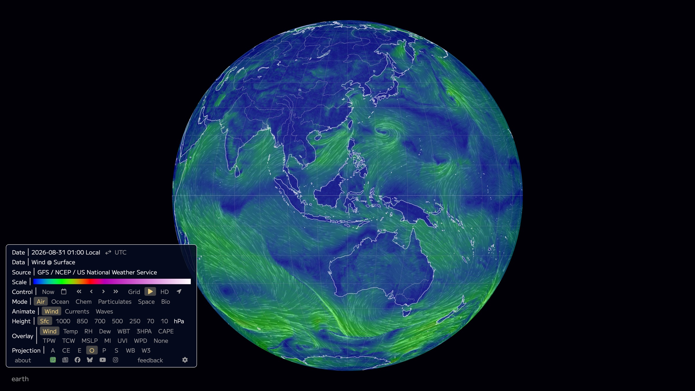 earth's control menu: modes, height levels, overlays, eight projections, and the time and source of the current data