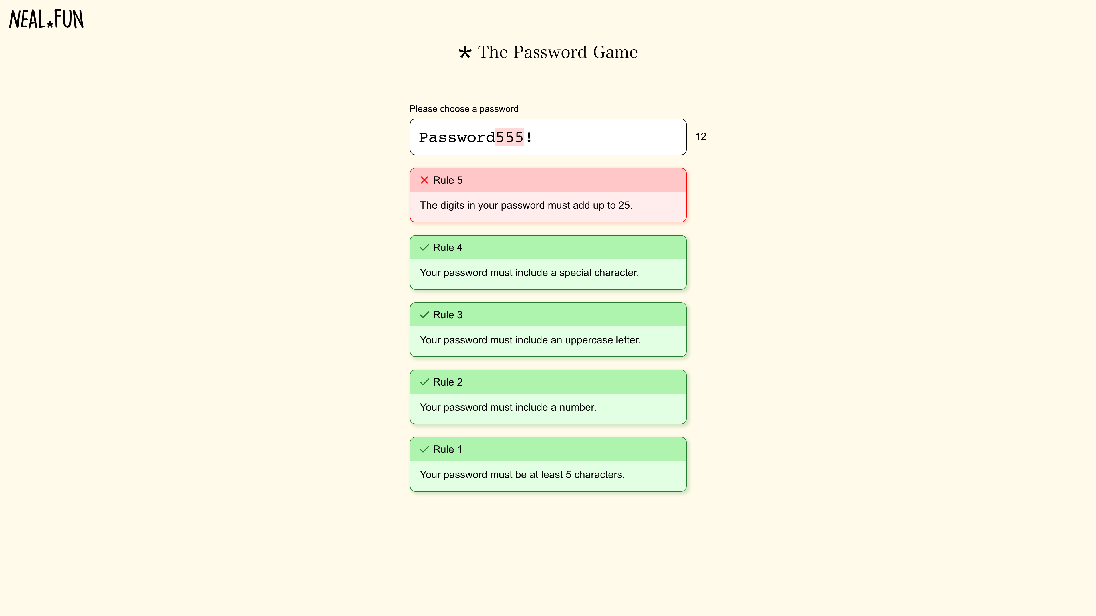 The Password Game: rules appear one by one as you type — green for satisfied, red for failed