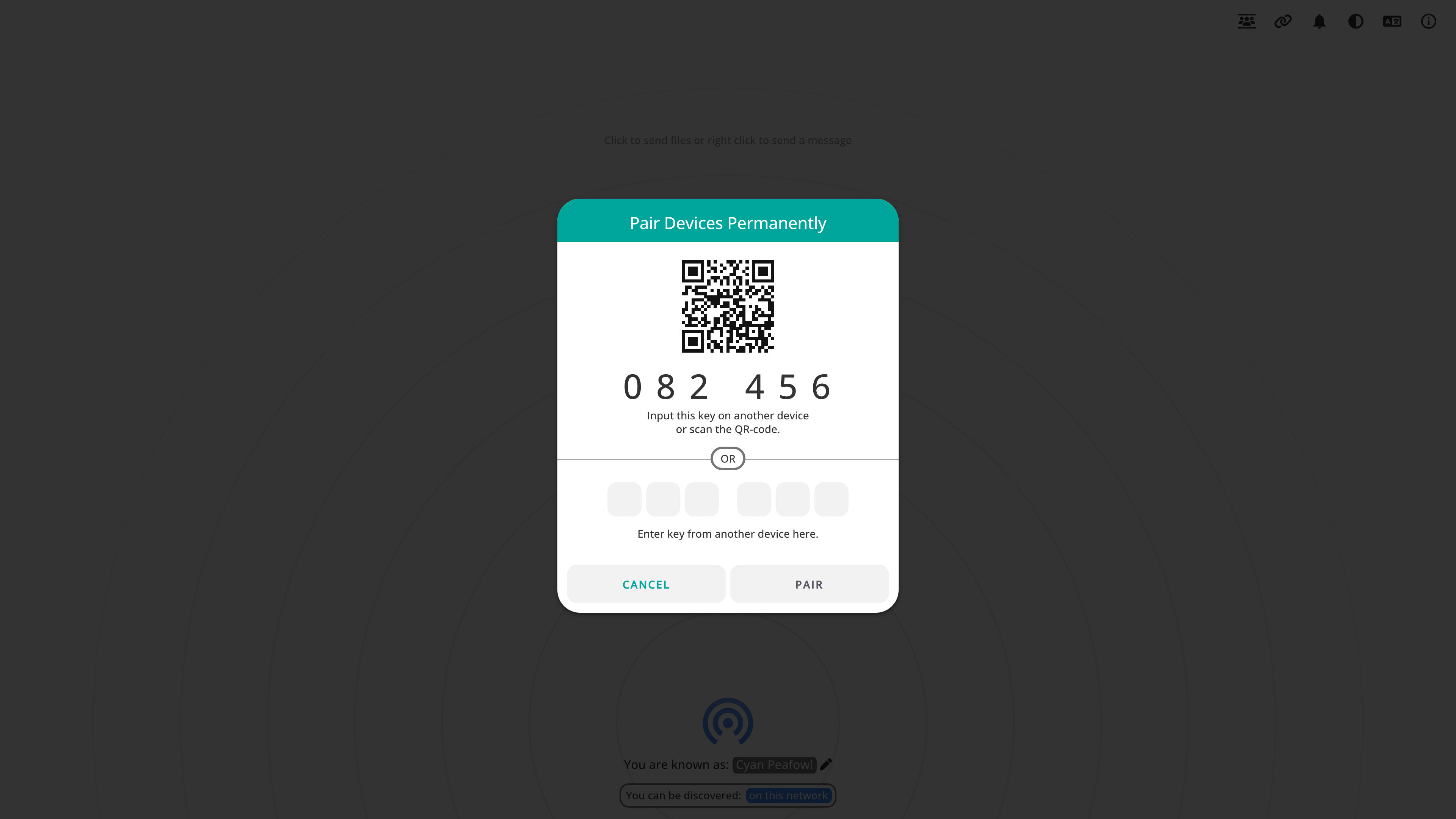 PairDrop pairing dialog: QR code and 6-digit pairing key
