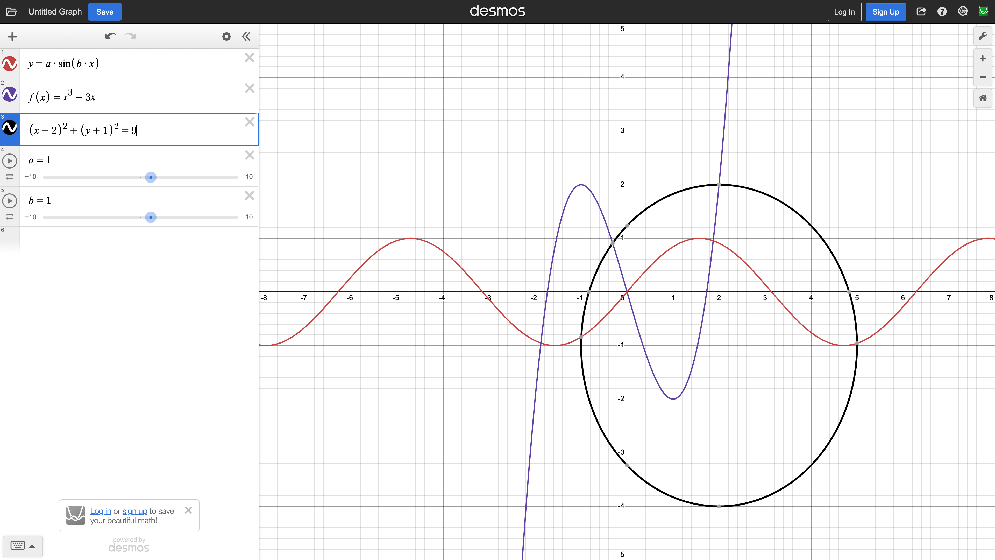 The Desmos graphing calculator: three expressions with parameter sliders on the left, live curves on the right