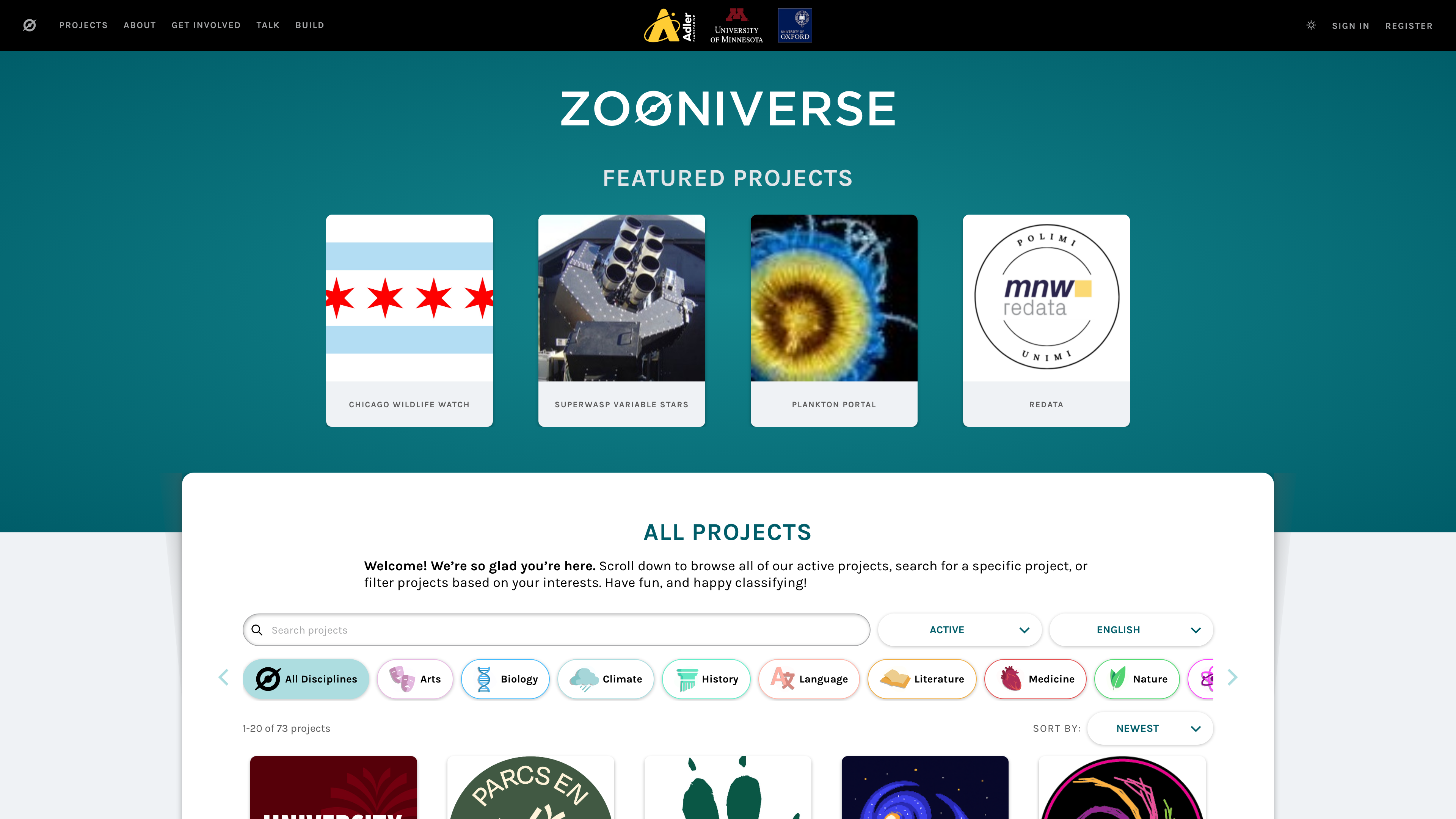 Zooniverse project directory: browsing active projects by discipline