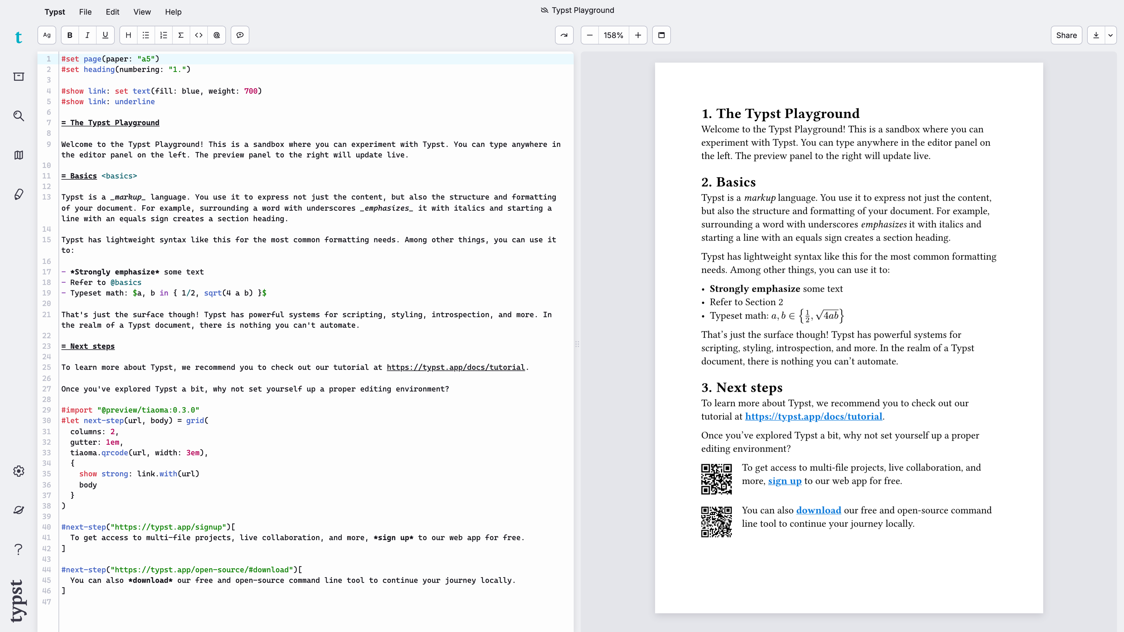 The Typst Playground: markup source on the left, live-compiled page preview on the right, usable without an account