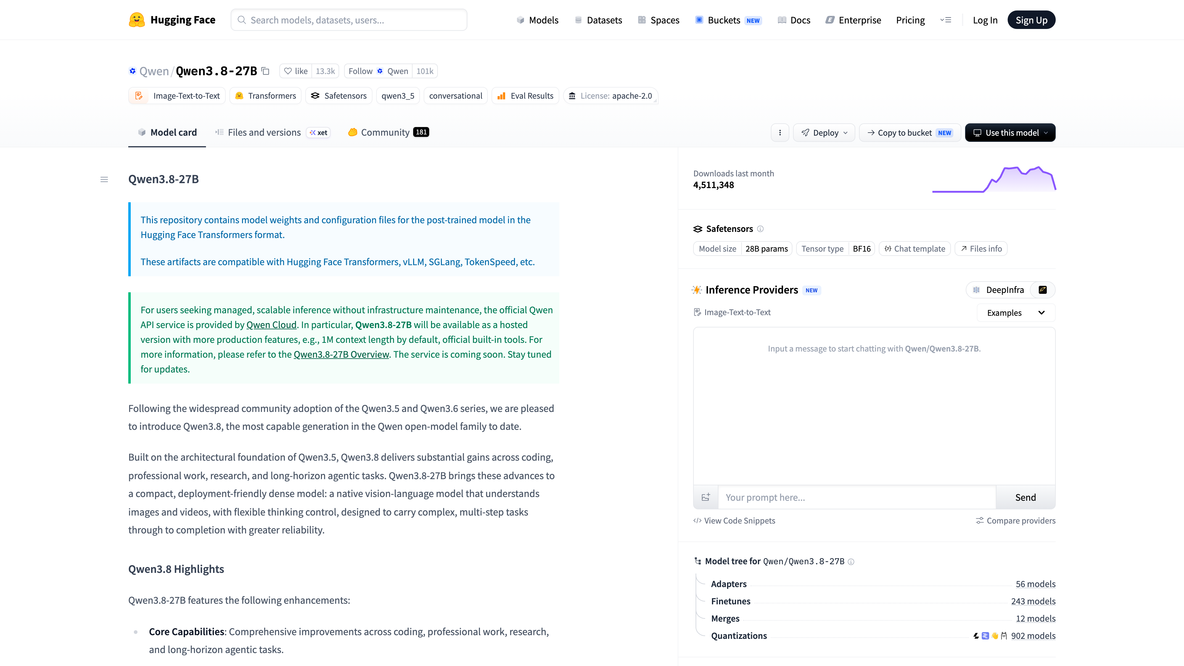 Model page example: the Qwen3.8-27B repository shows its model card, Apache-2.0 license tag, monthly downloads, and an in-browser chat widget