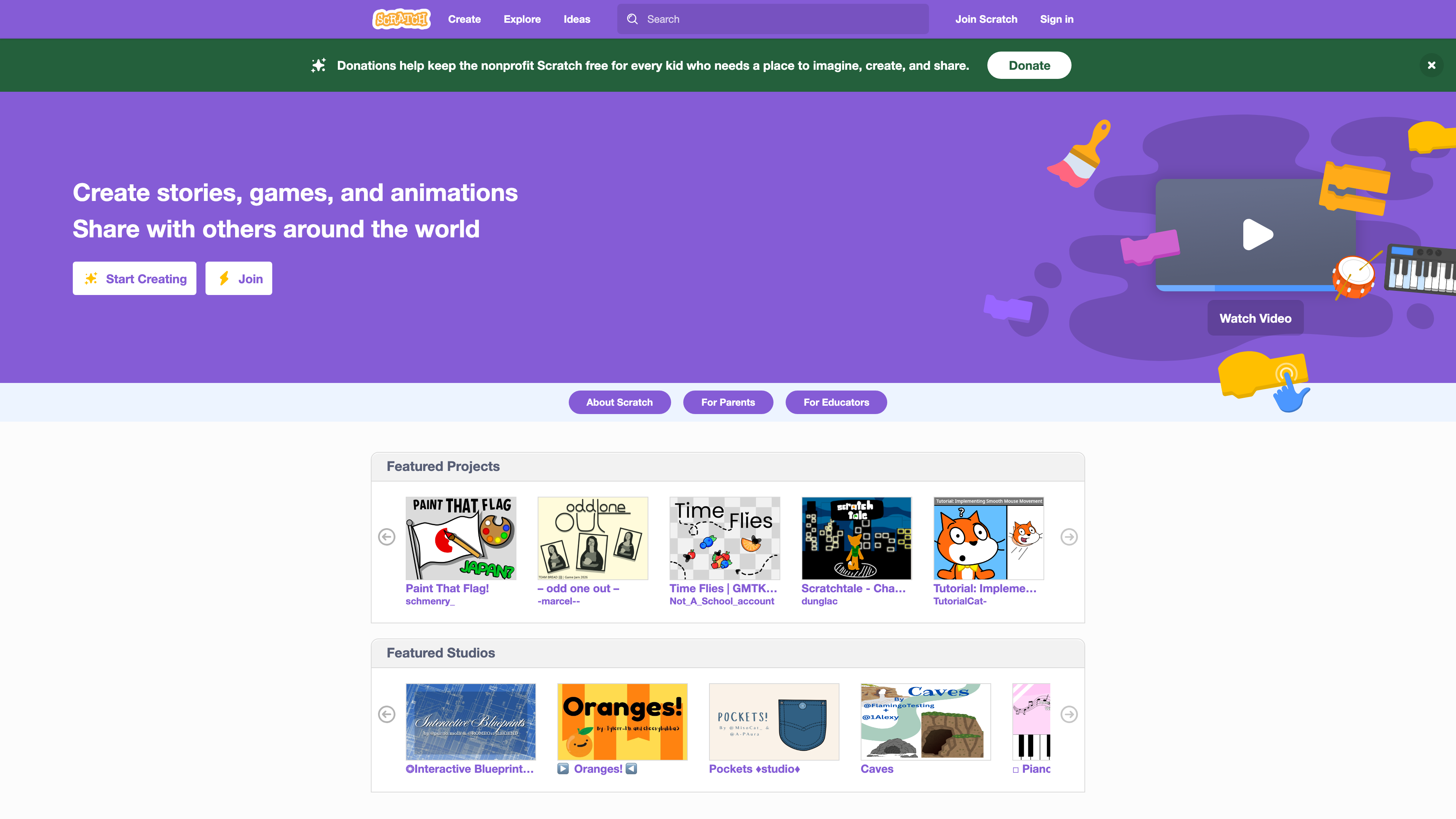 Scratch homepage: creation entry points and featured projects