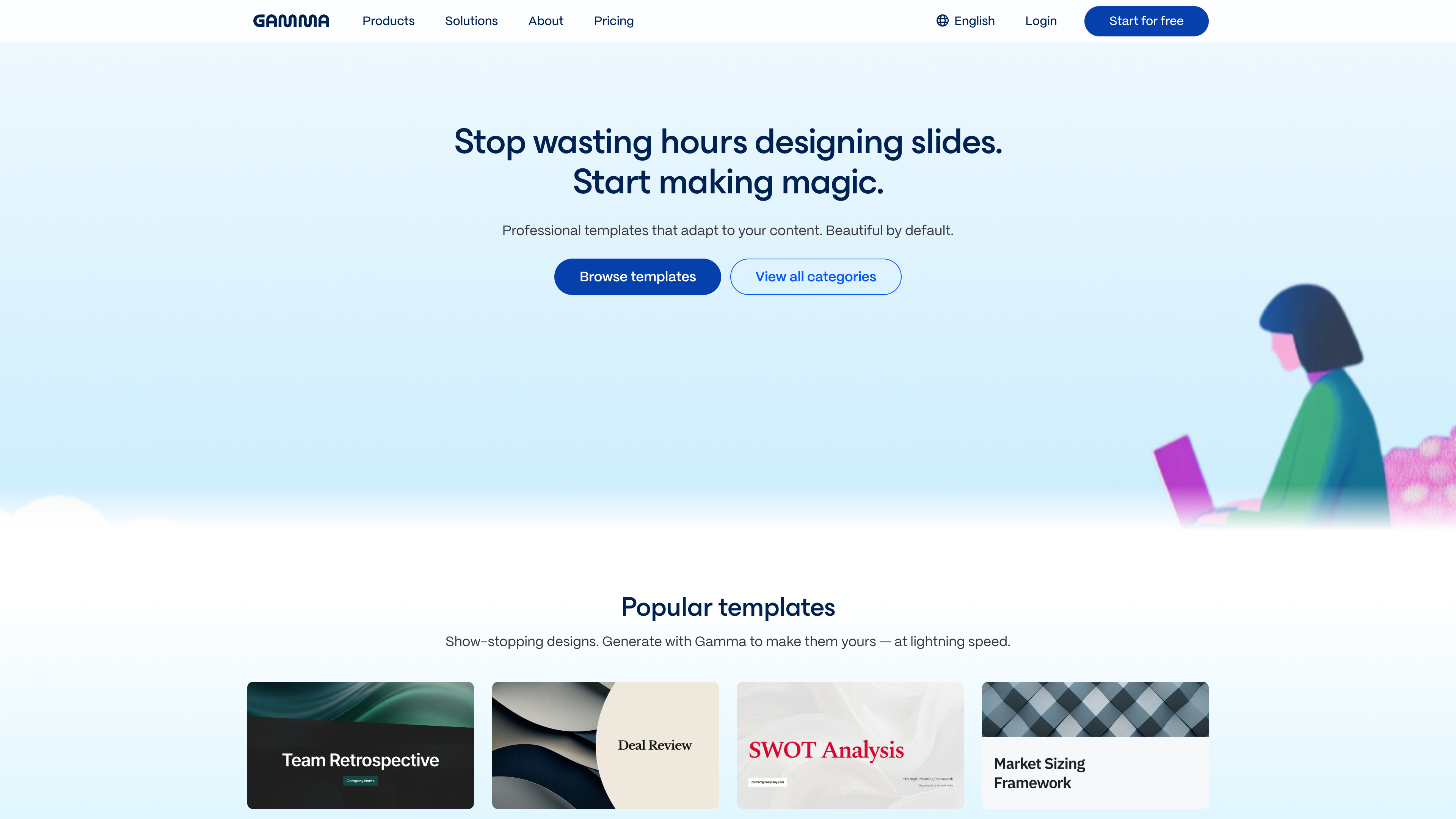 Gamma templates page: ready-made structures such as Team Retrospective and SWOT Analysis that can be applied with one click