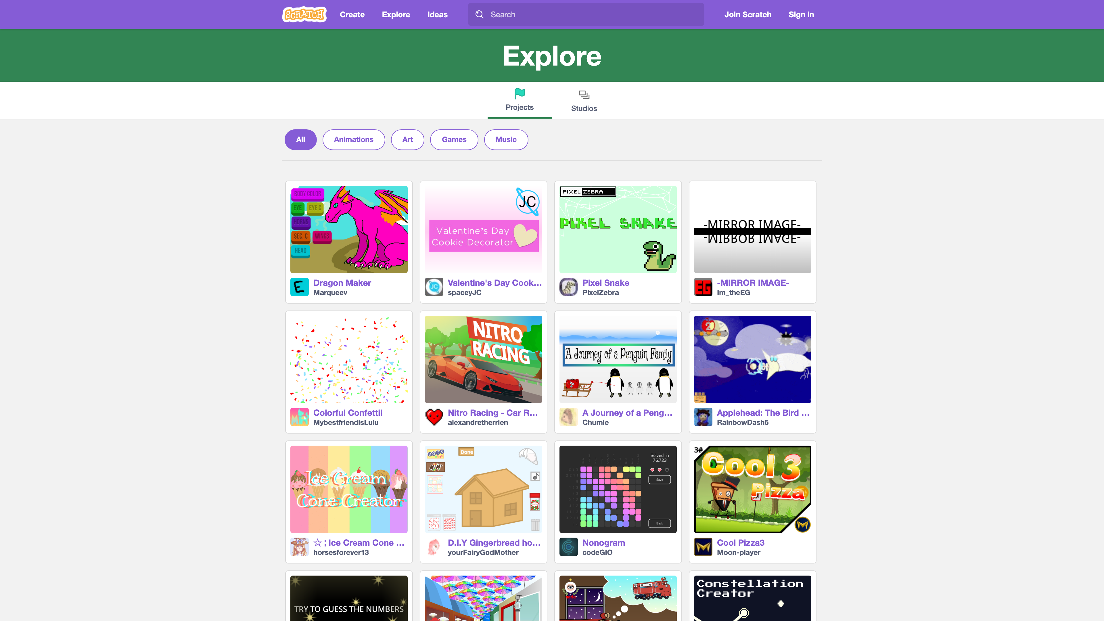 Scratch Explore page: browsing public projects by category