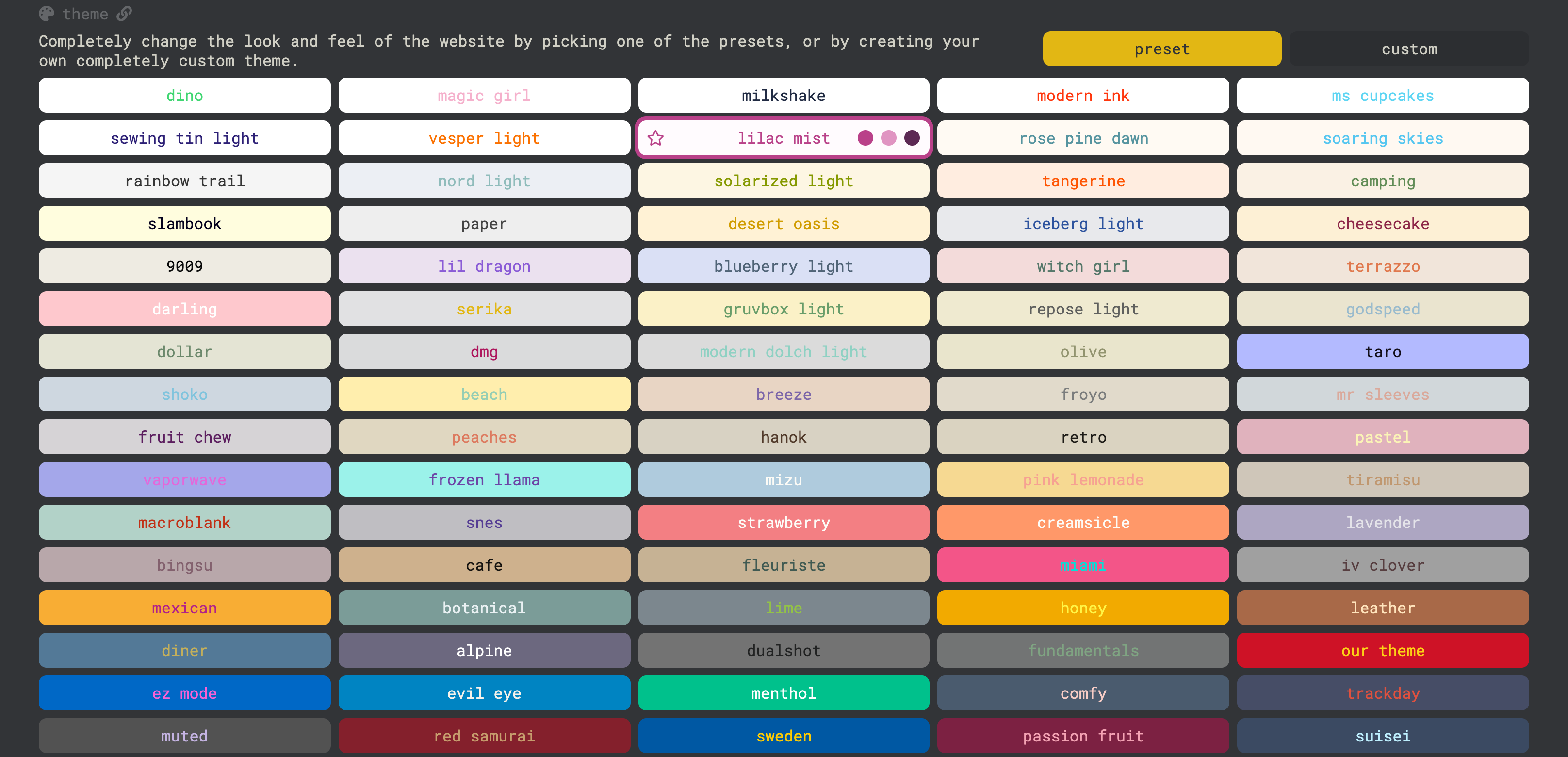 The theme section of the settings page: below the preset and custom tabs sit swatches for themes such as dino, milkshake, and solarized light