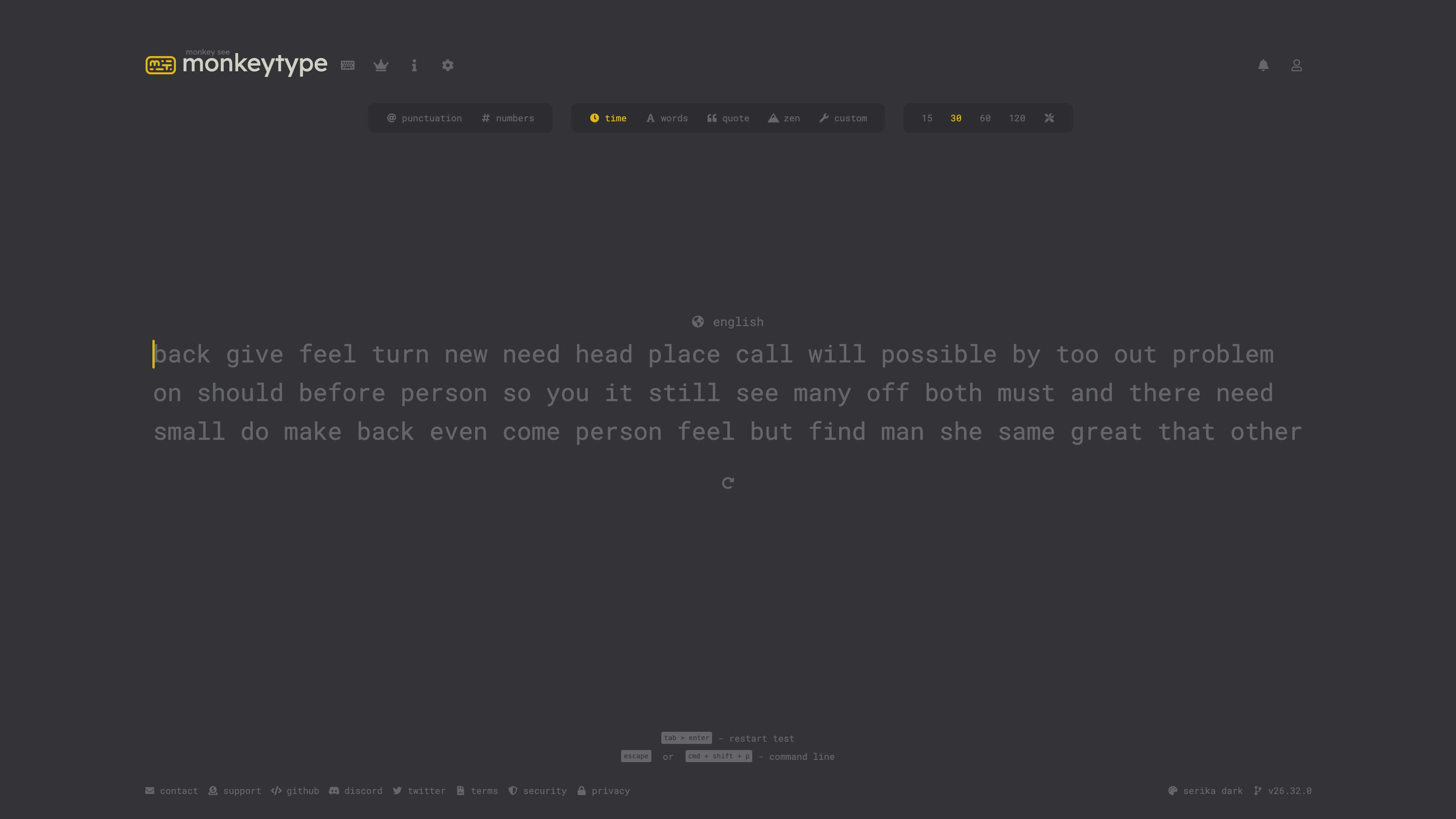 Monkeytype homepage: a test configuration bar on top, English words waiting to be typed in the center, all in a dark minimal interface
