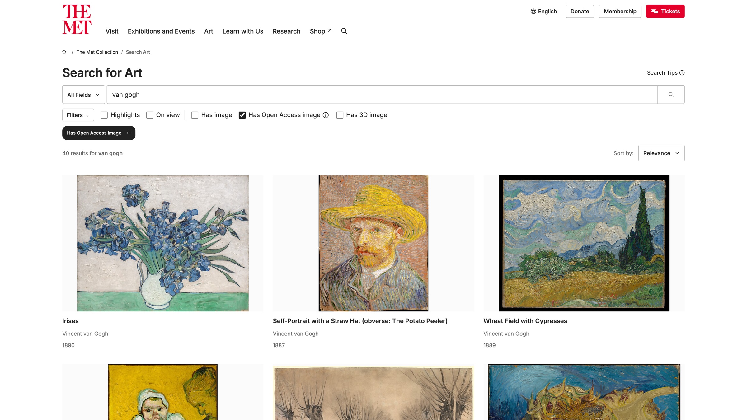 Search results with the "Has Open Access image" filter applied; OA icons appear at the lower left of each card (search for "van gogh", 2026-08-31)