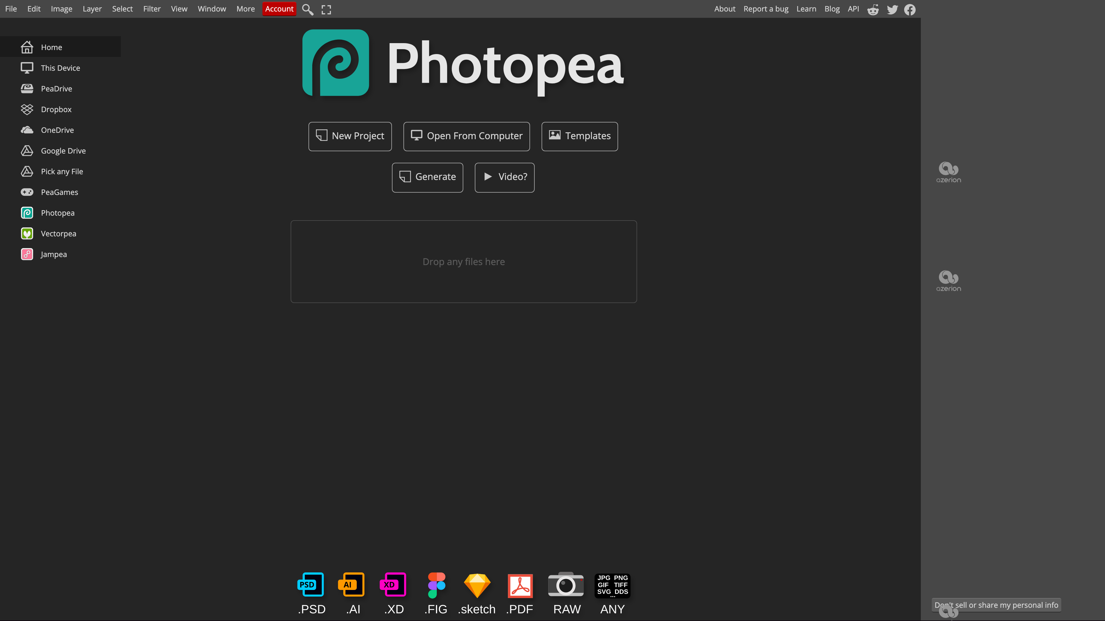 Photopea's start screen: New Project, Open From Computer and Templates entries, supported formats along the bottom, and the ad column on the right