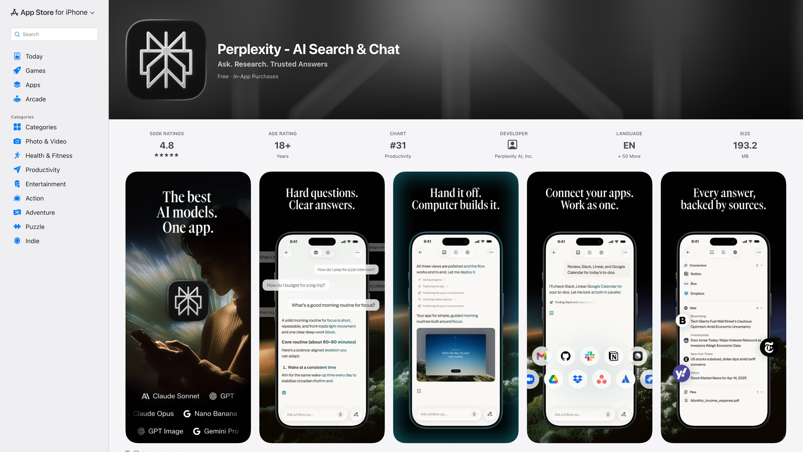 Perplexity's Apple App Store page: official icon, app name, and official product screenshots