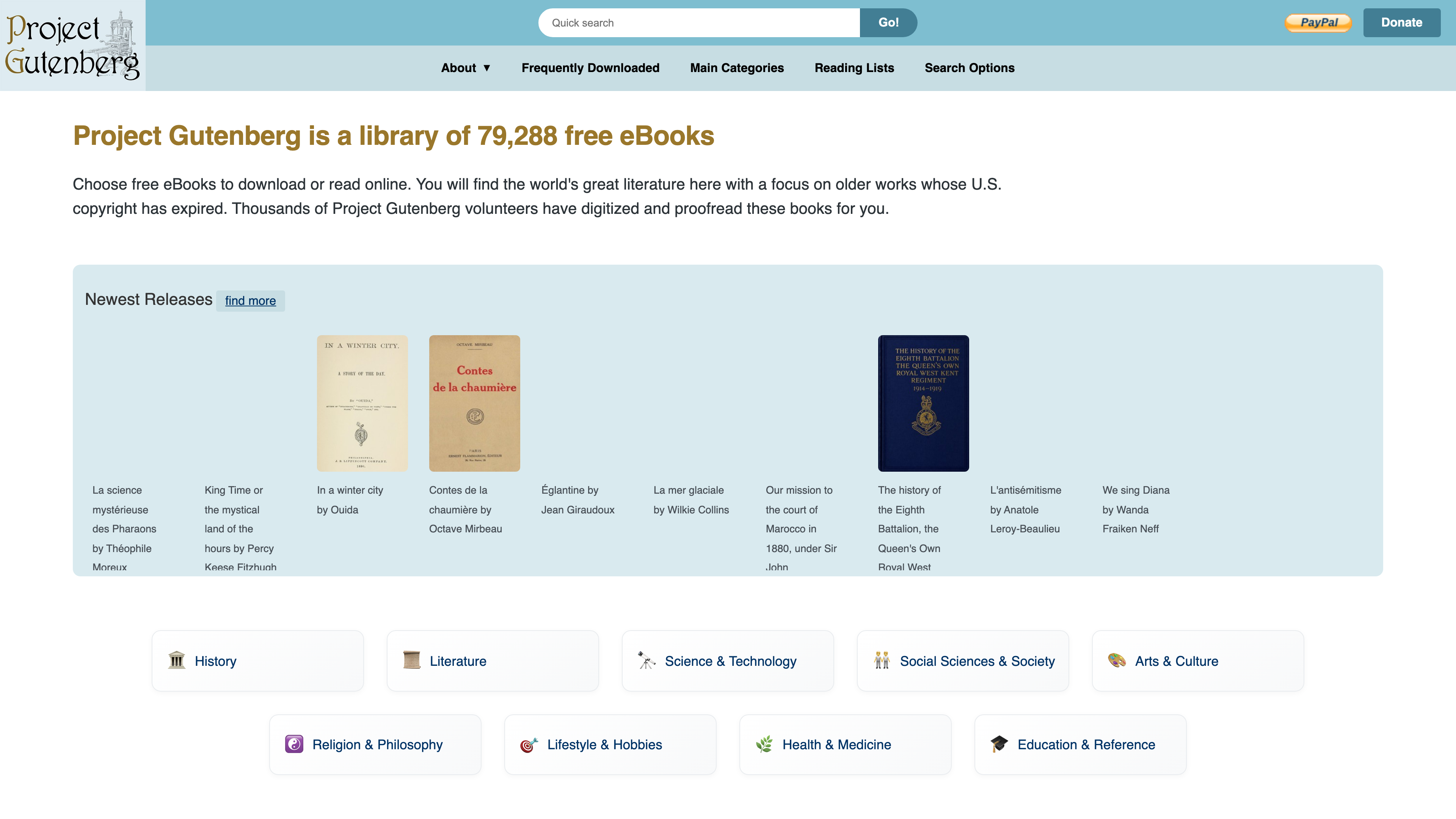 The Project Gutenberg homepage: search bar, category navigation, newest releases and subject categories