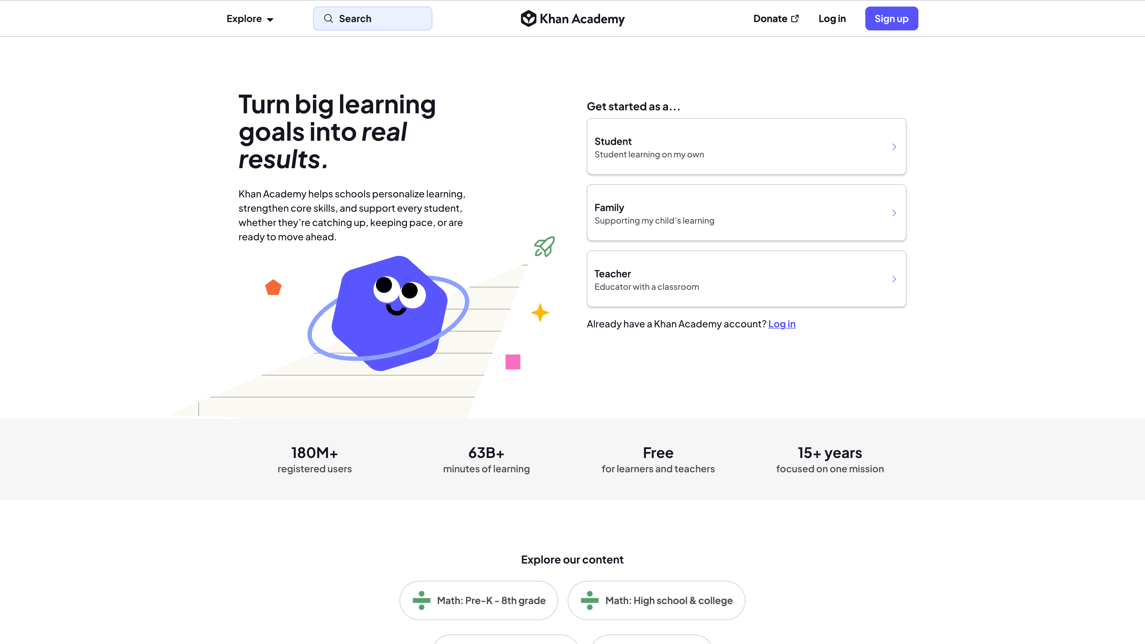 Khan Academy homepage, browsable without signing in