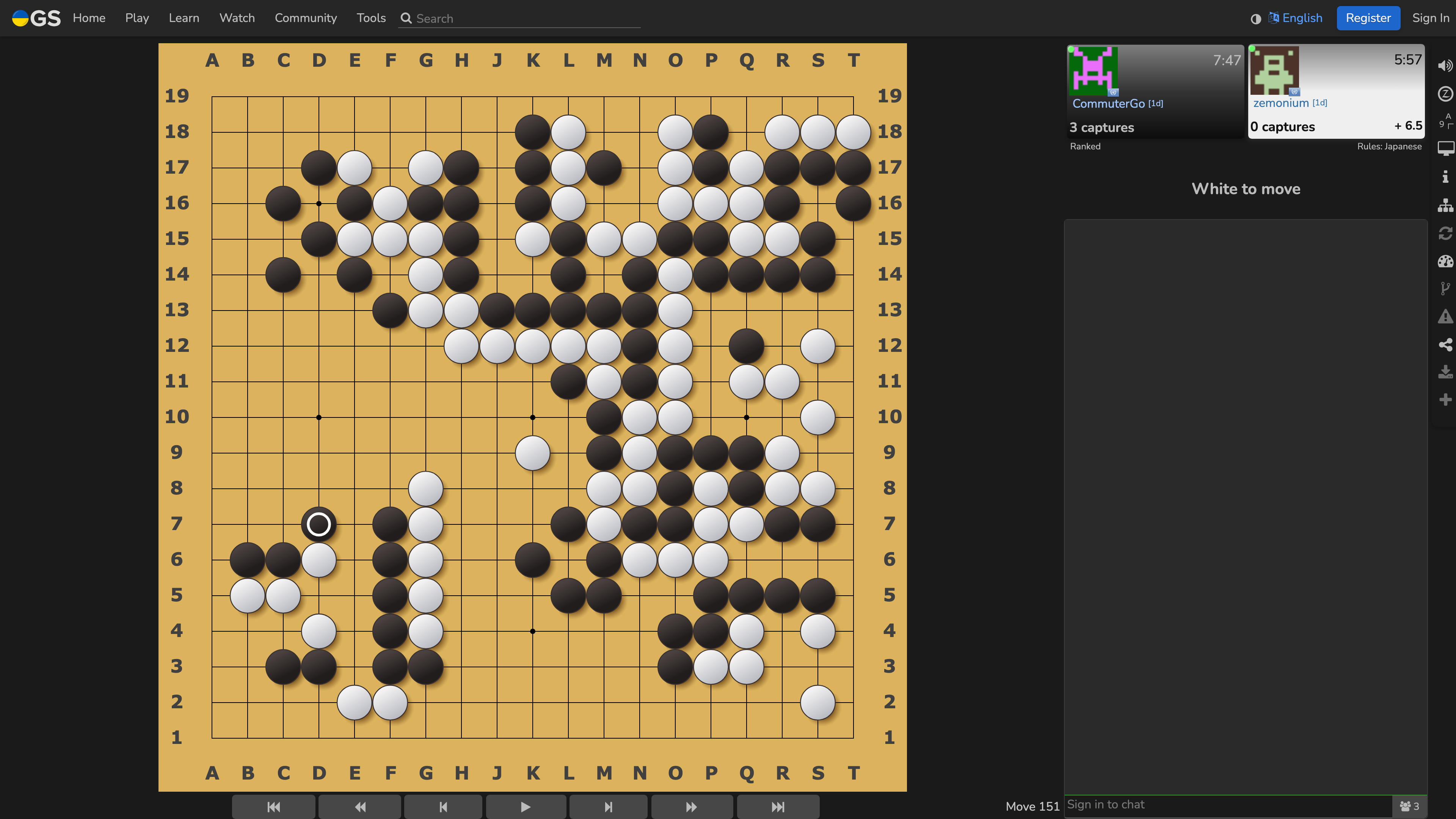 A live game on OGS with ranks, clocks, move count, rule set and the spectator controls