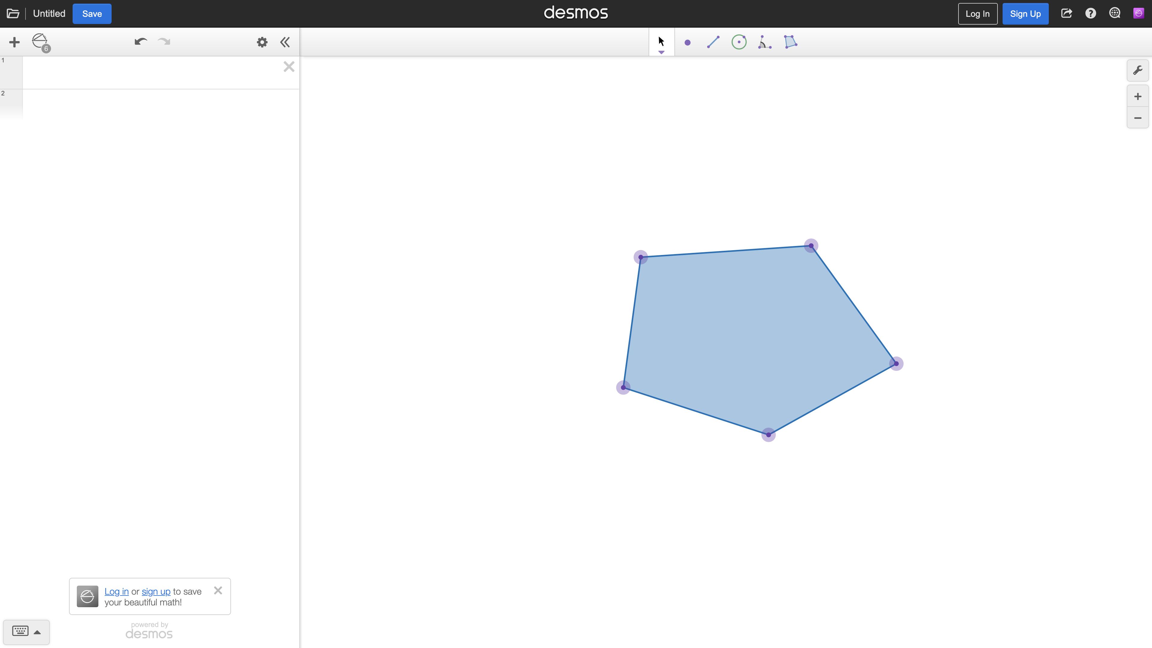 The Geometry Tool: construction tools on the left, a pentagon on the canvas, and the expression polygon(A,B,C,D,E) in the list