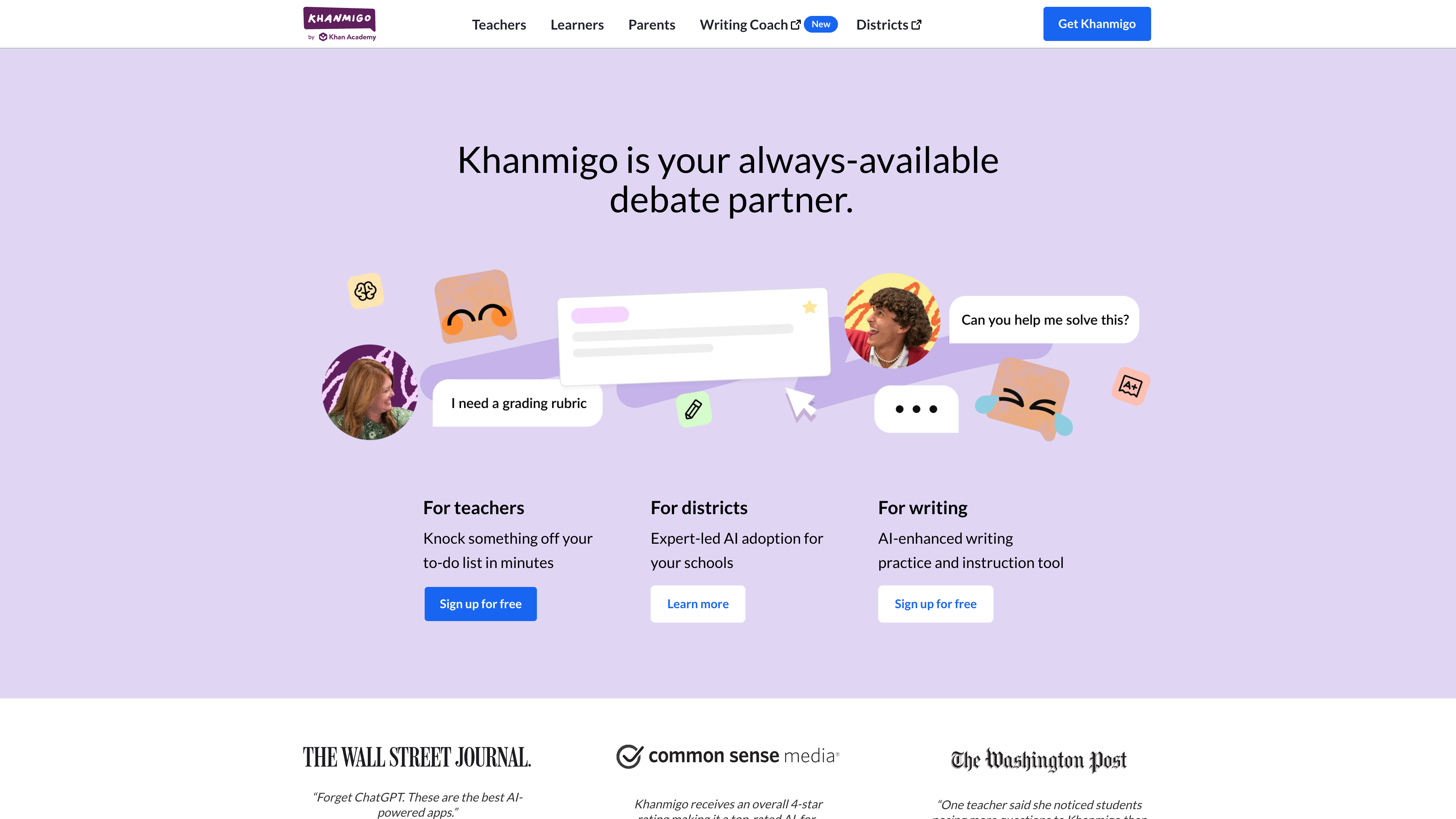 Khanmigo's site, aimed at teachers, learners, parents, and districts