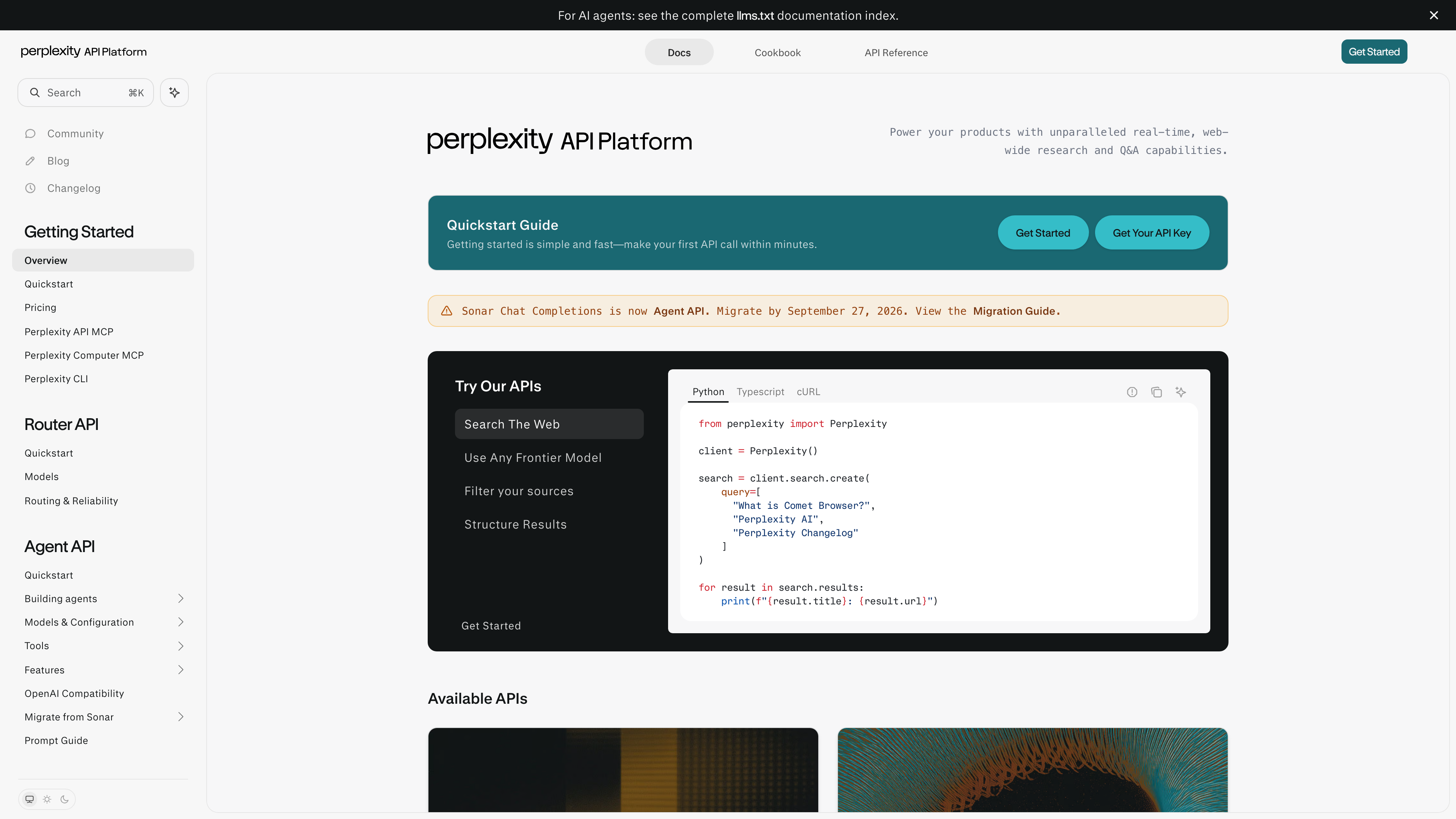 The Perplexity API Platform documentation homepage, with navigation for the Router API and Agent API on the left and a Python code example in the main panel