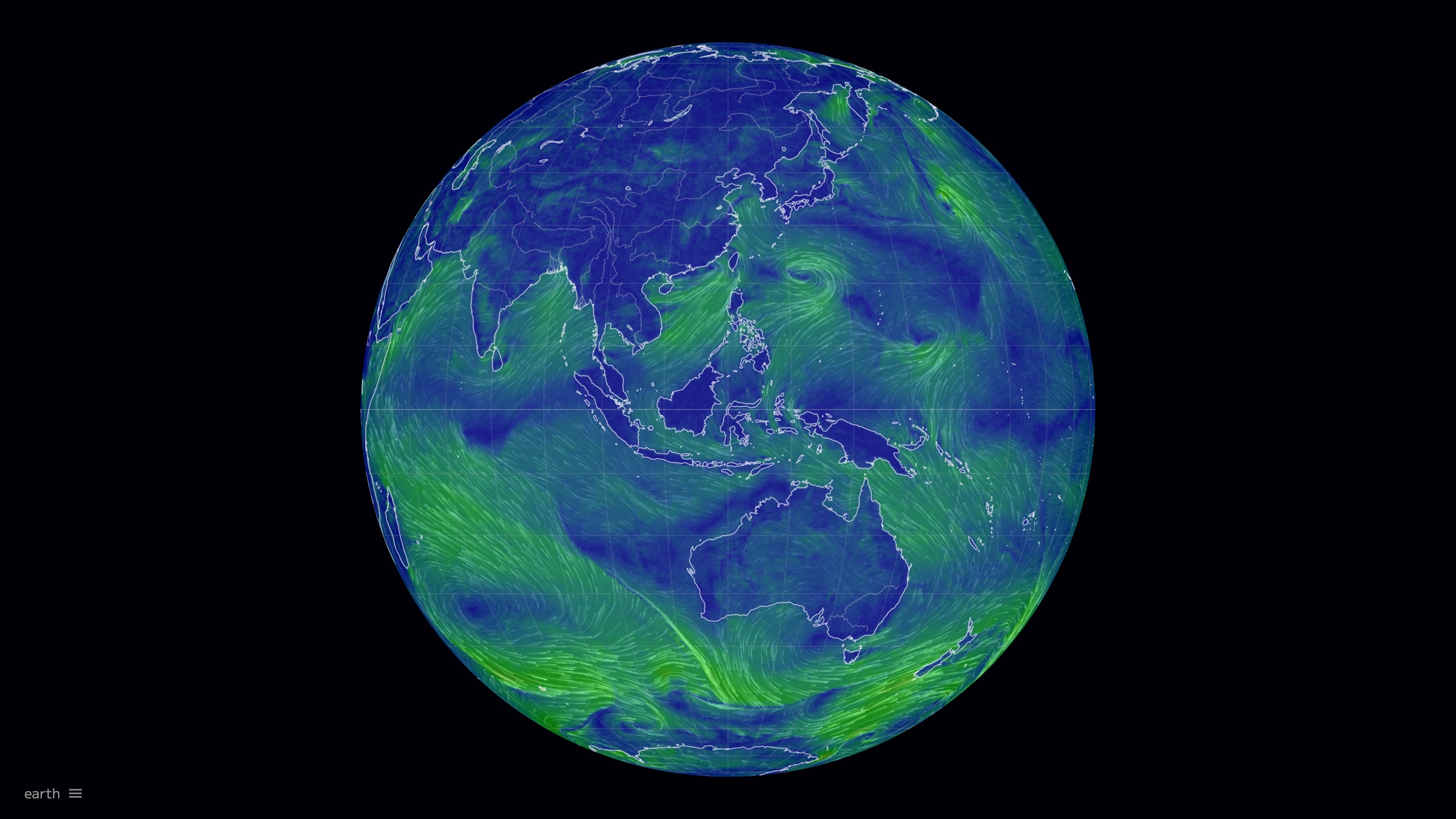 earth's default view: global surface wind flowing as particles over an orthographic globe