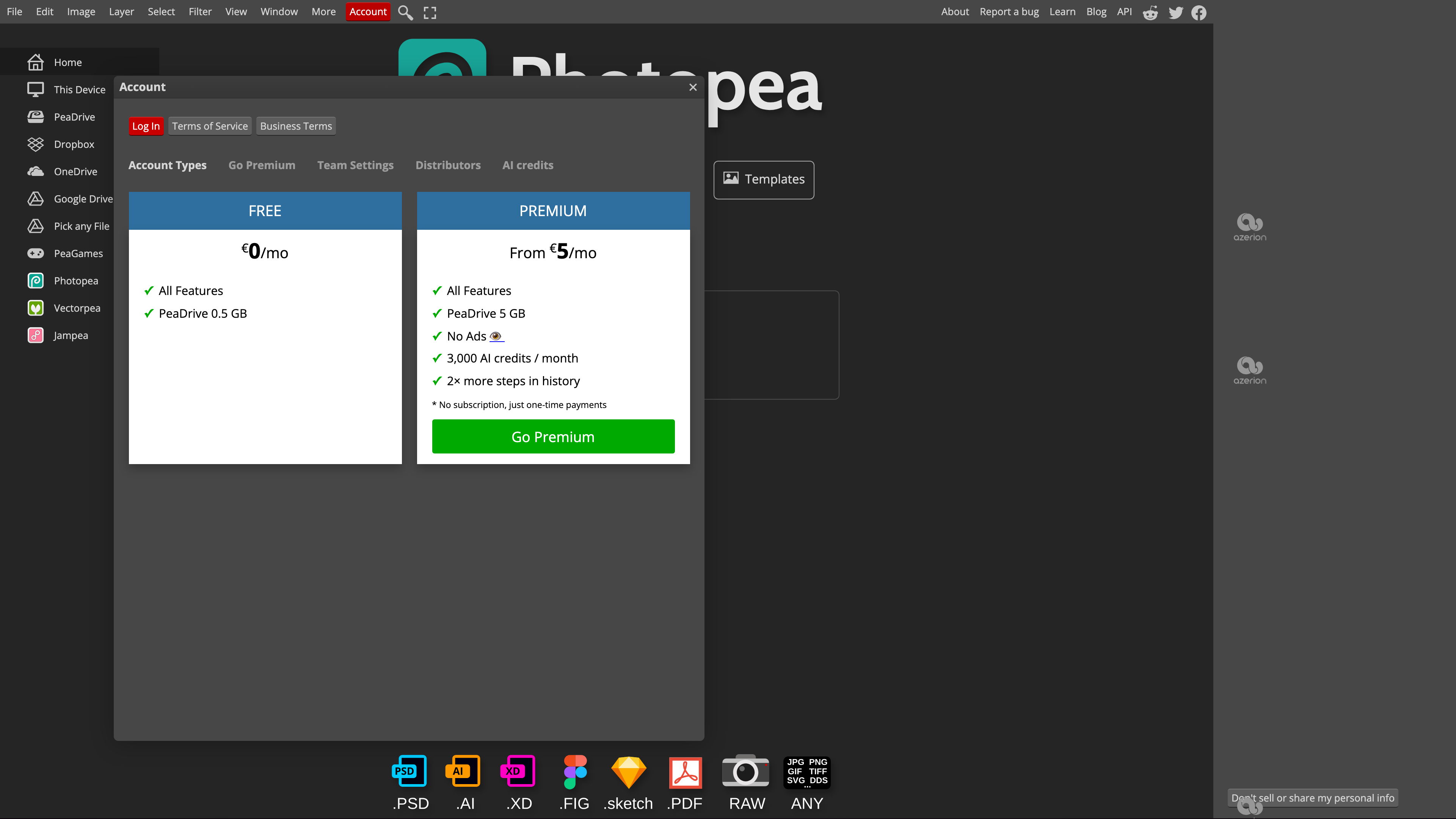 Photopea's account window comparing Free and Premium: Premium from €5/month, one-time payments