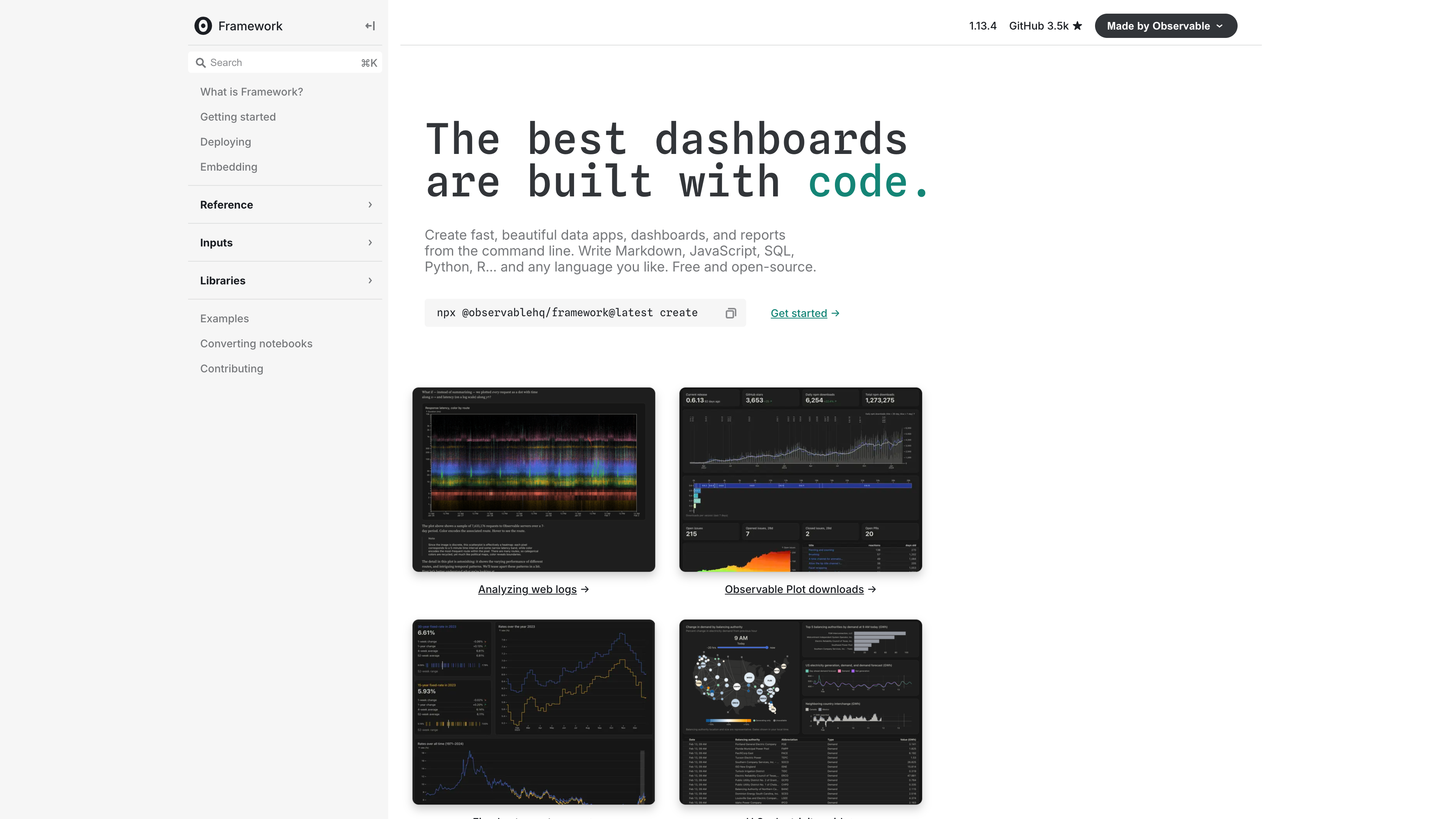 Observable Framework documentation homepage: "The best dashboards are built with code," showing the npx create command and several data app examples