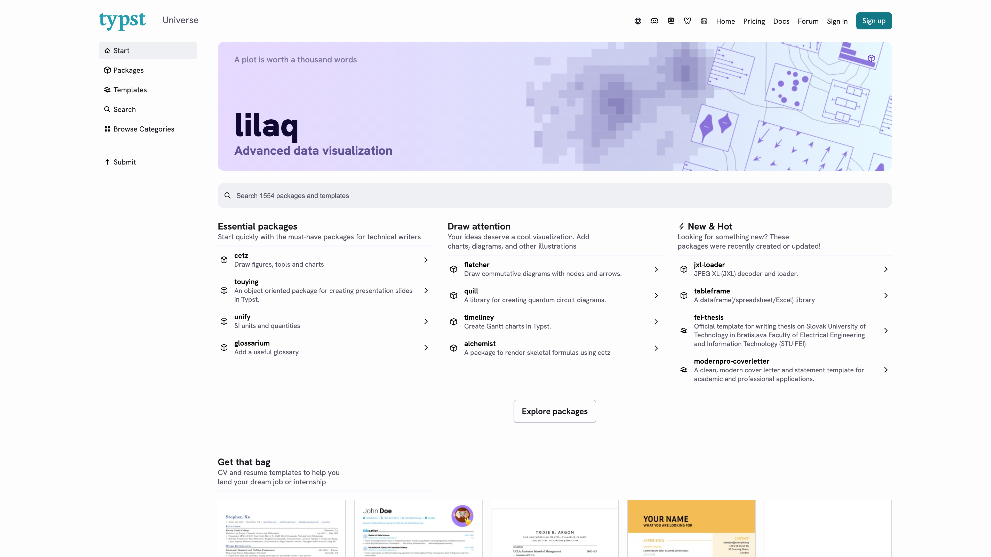 The Typst Universe package registry, showing community templates and packages across visualization, CVs, papers, and presentations