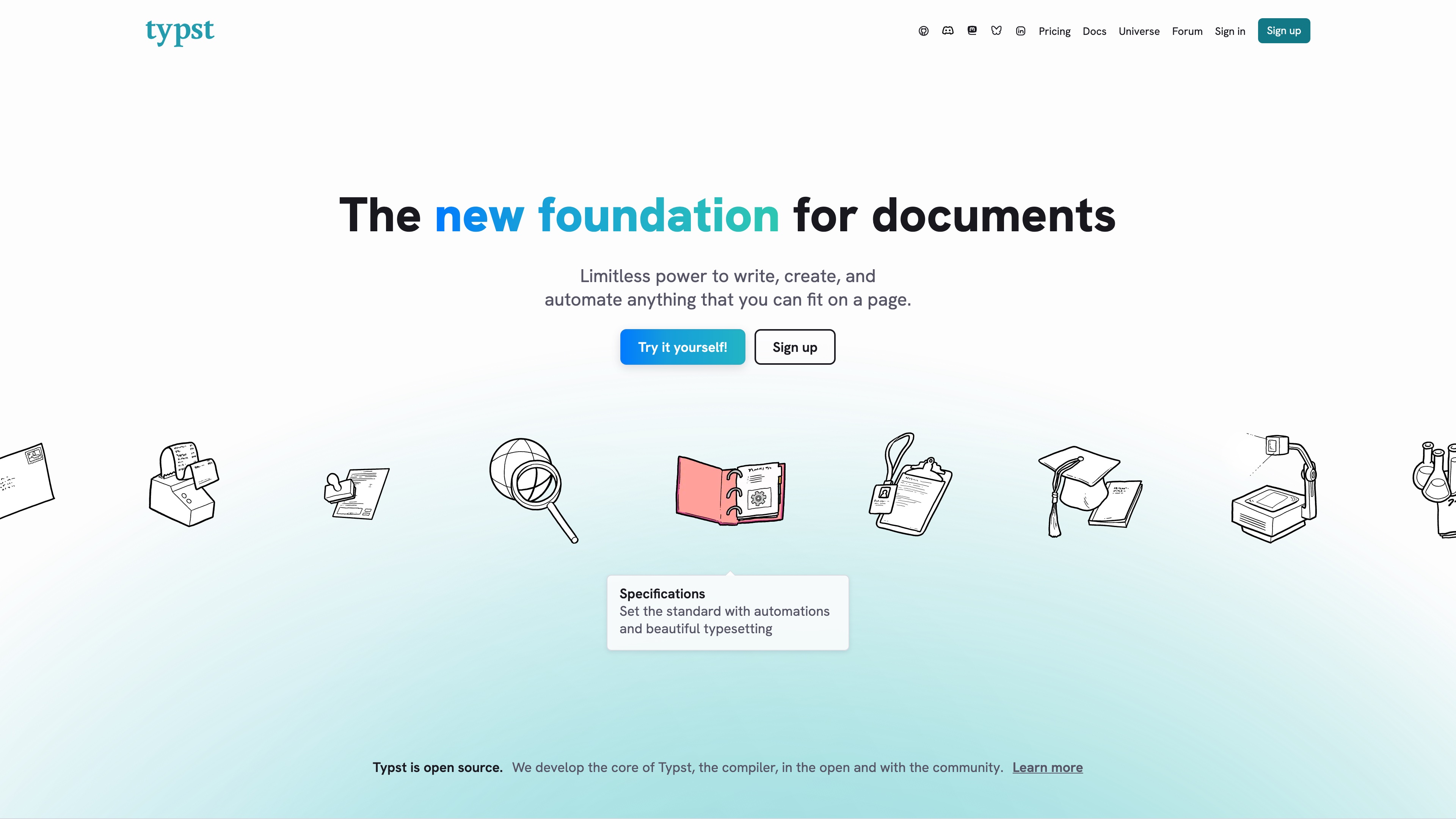 Typst homepage with the tagline "The new foundation for documents" and navigation linking to pricing, documentation, the Universe package registry, and the forum