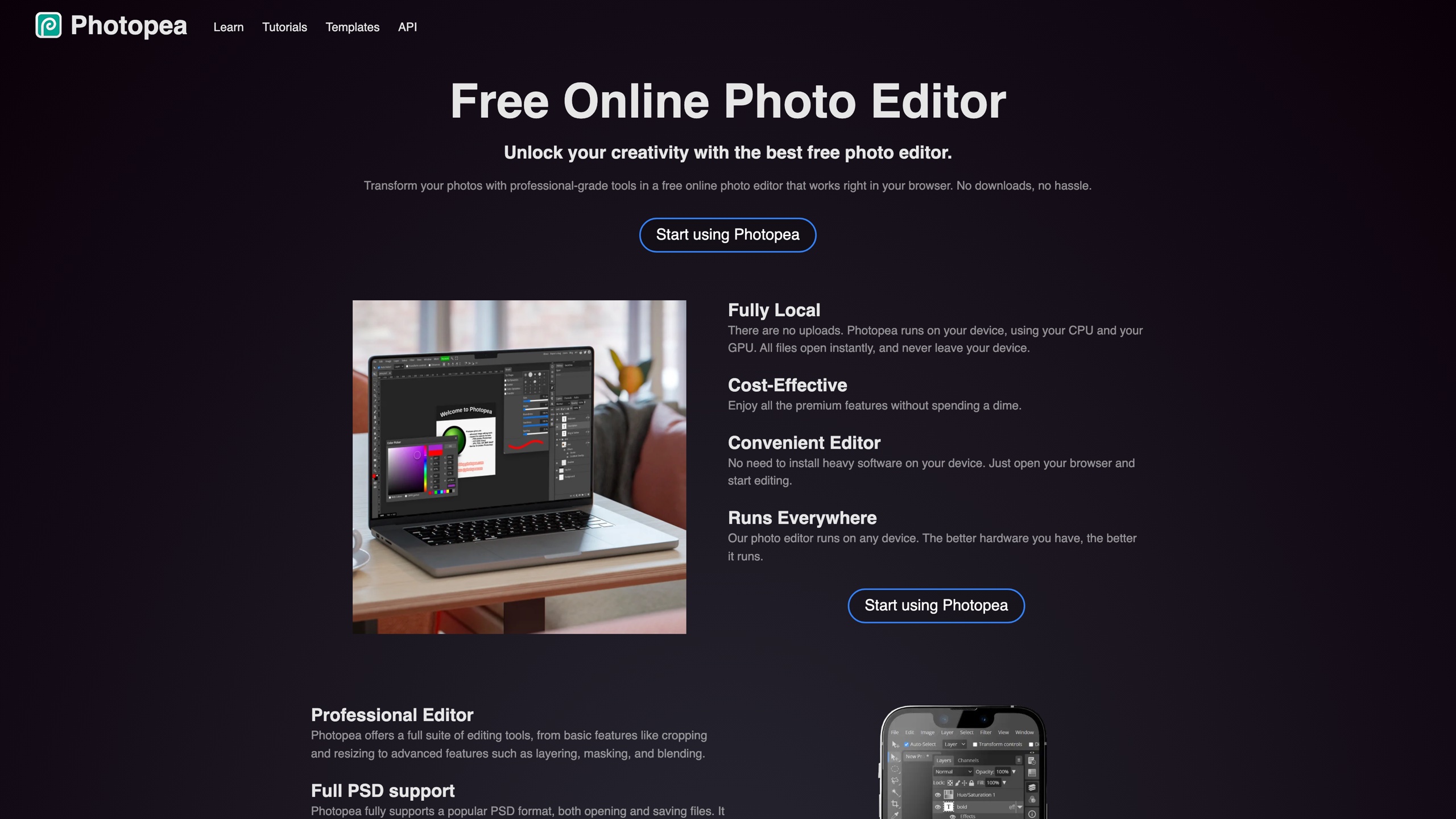 Photopea homepage: 'Free Online Photo Editor' headline with feature highlights such as local processing and cross-device support