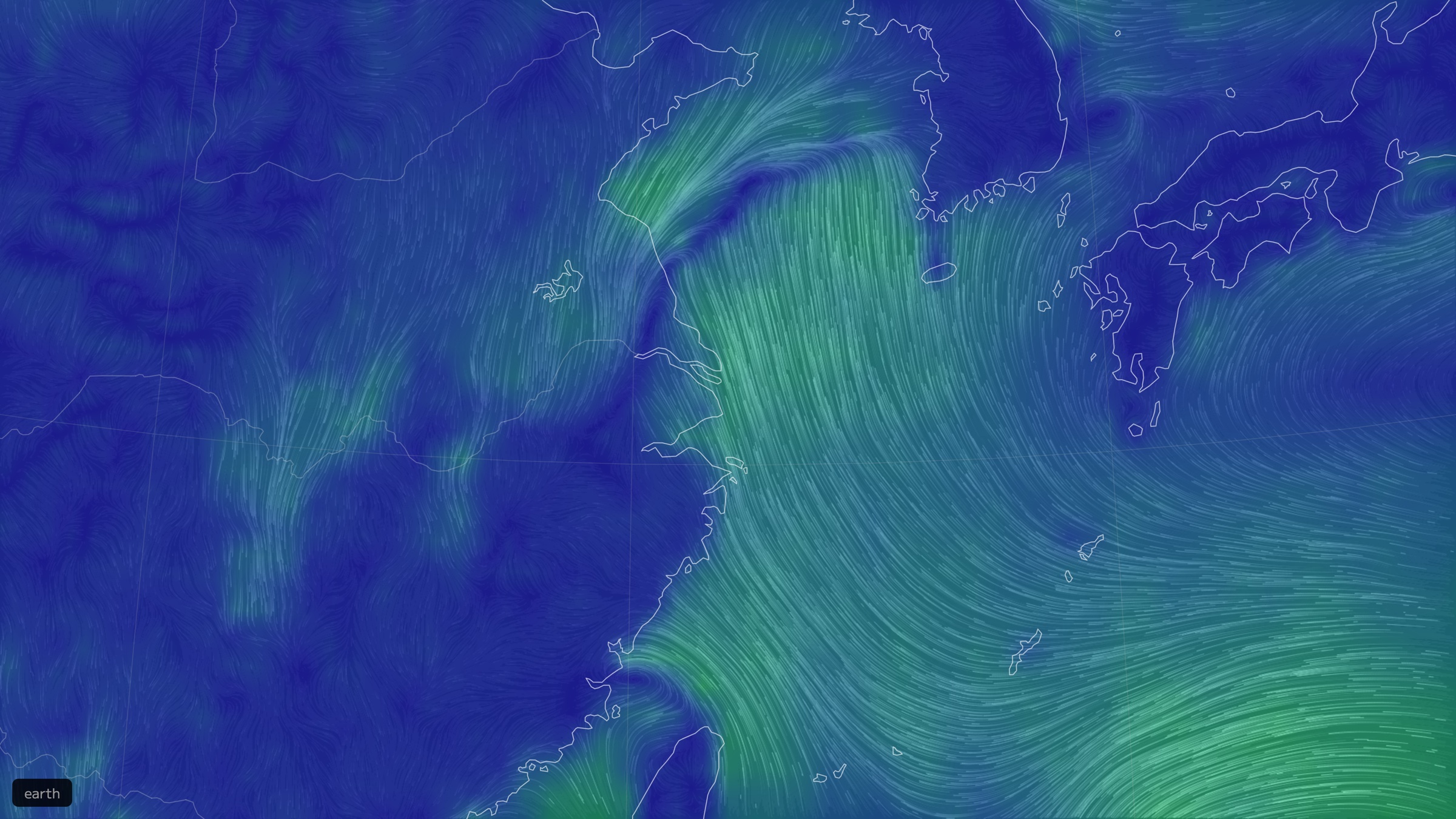 Zoomed to the East China Sea: wind particles, coastlines and city labels are clearly resolved, with the wind speed color scale on the left