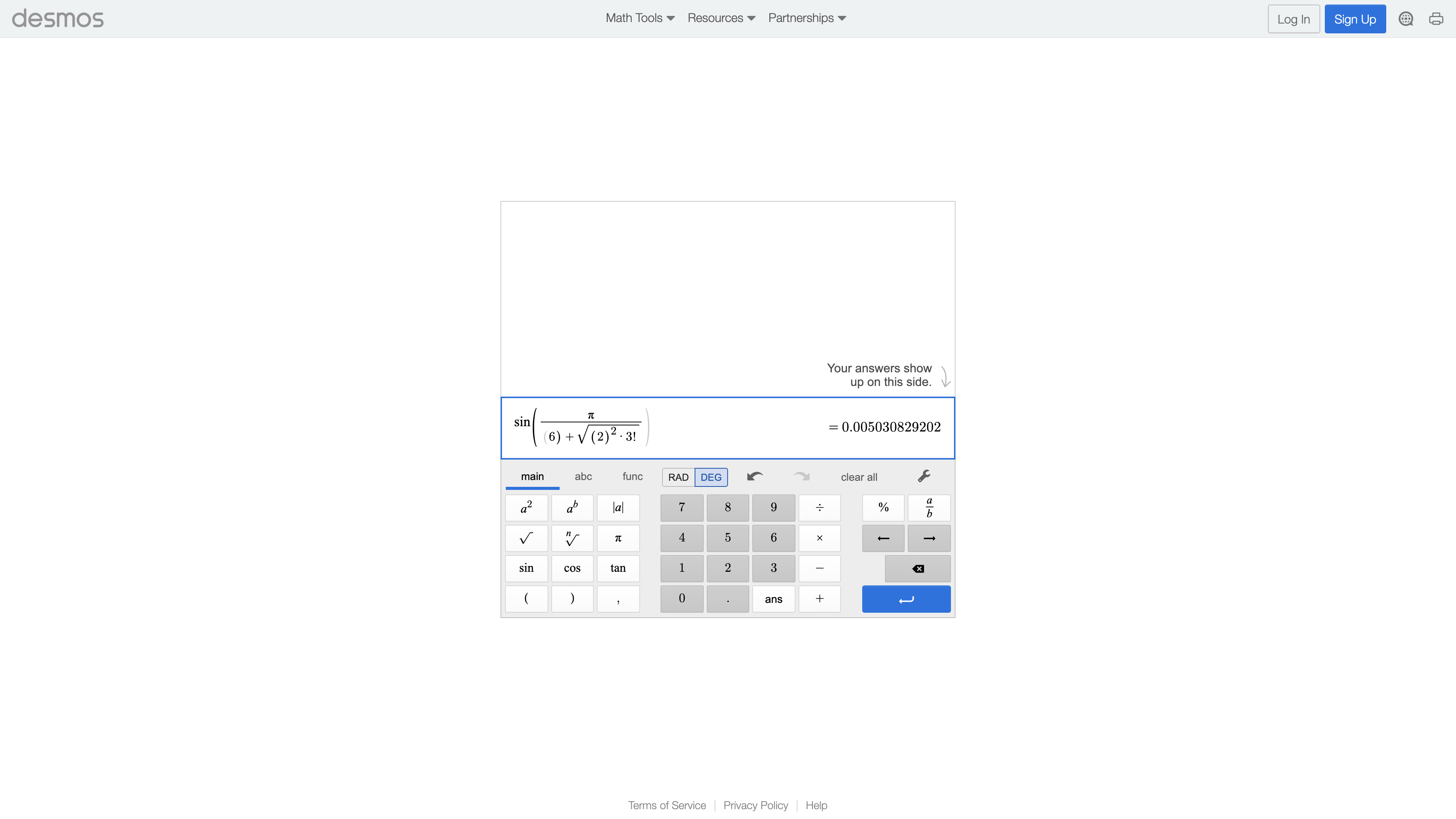 The Scientific Calculator: a virtual keypad at the bottom, with sin(pi/6)+sqrt(2)^2*3! evaluated above it