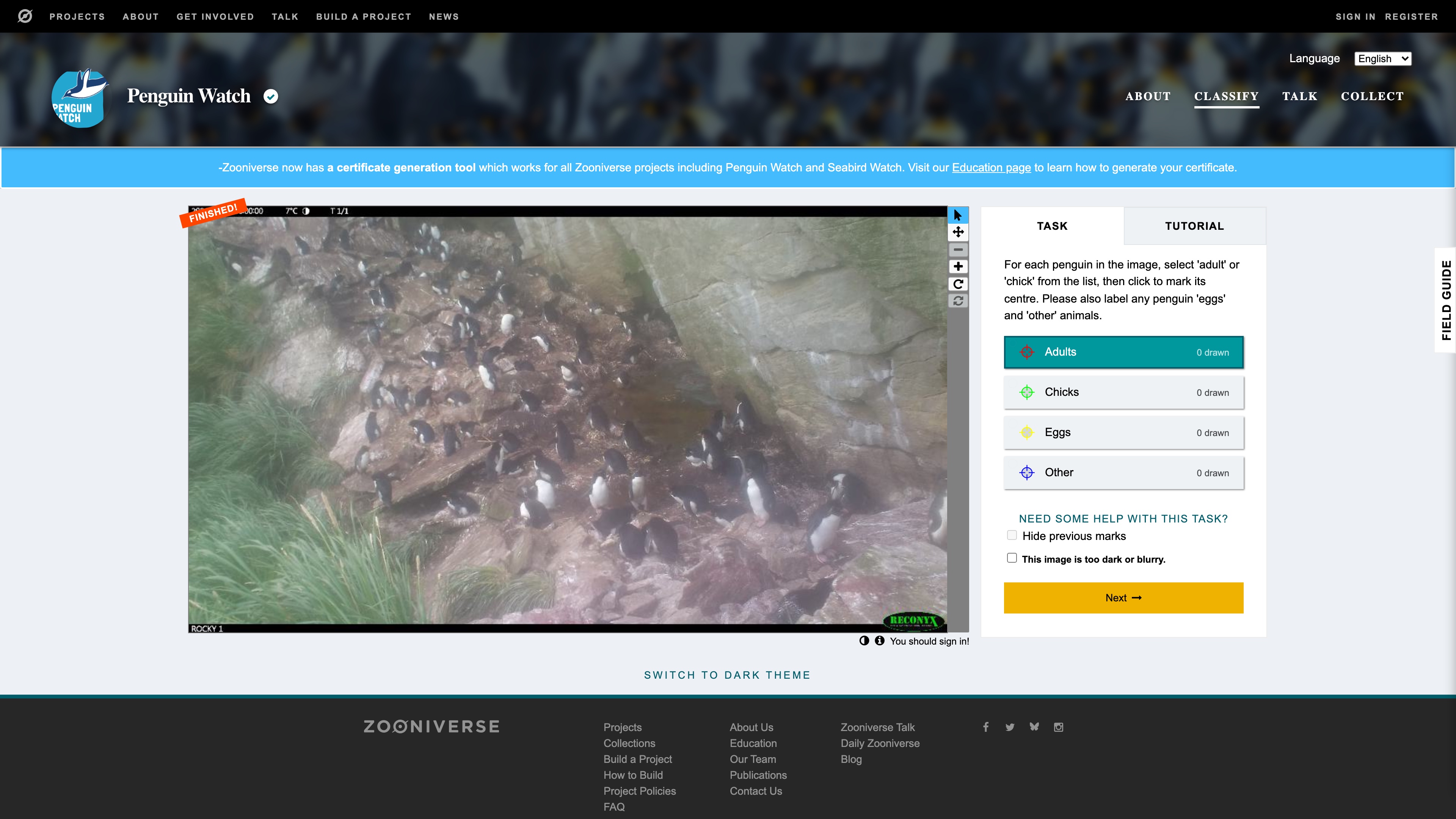 Penguin Watch classification interface: marking penguins in the image per the task instructions