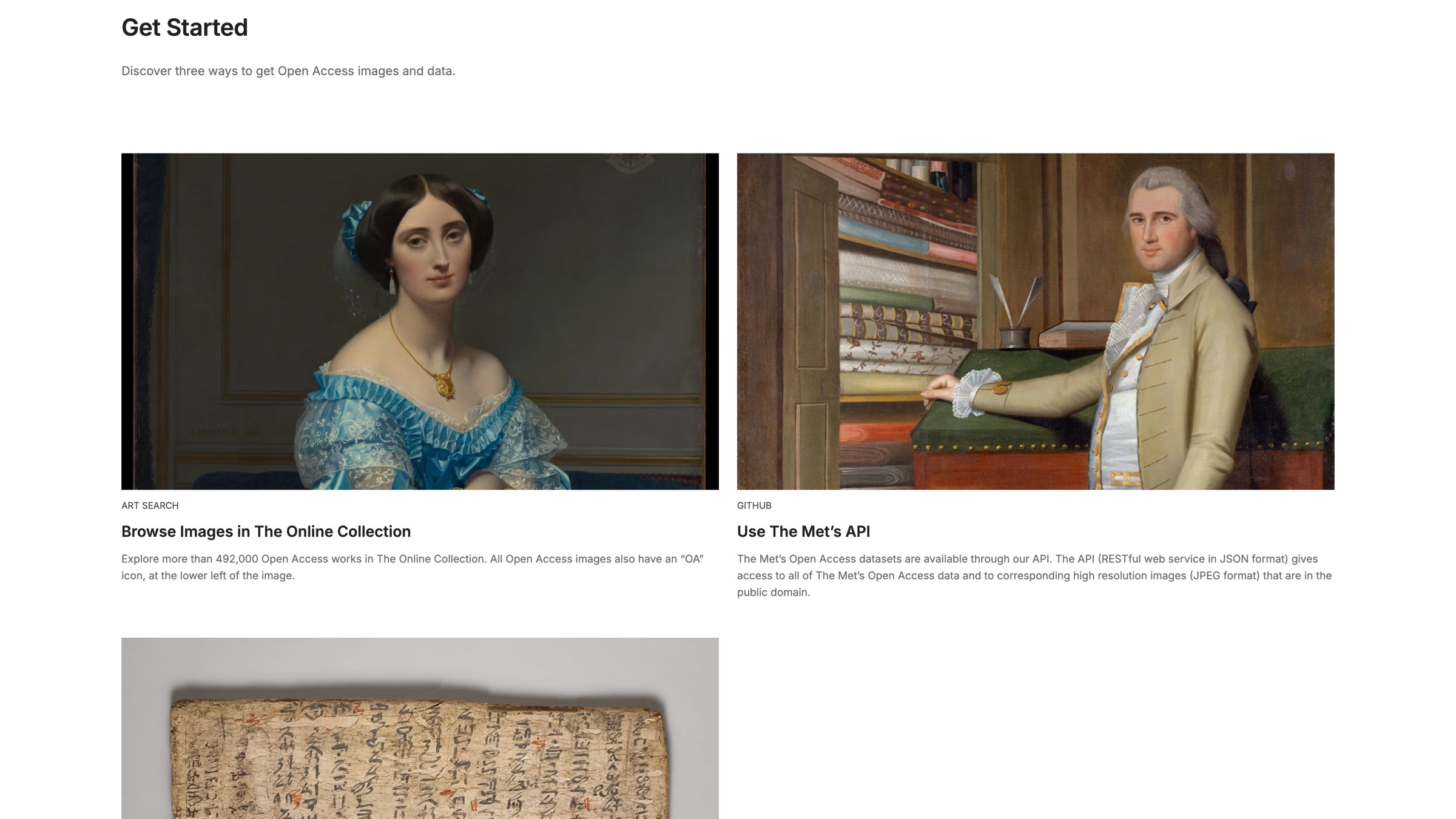 The Open Access hub describes three ways to get images and data: the online collection, the API and the GitHub CSV