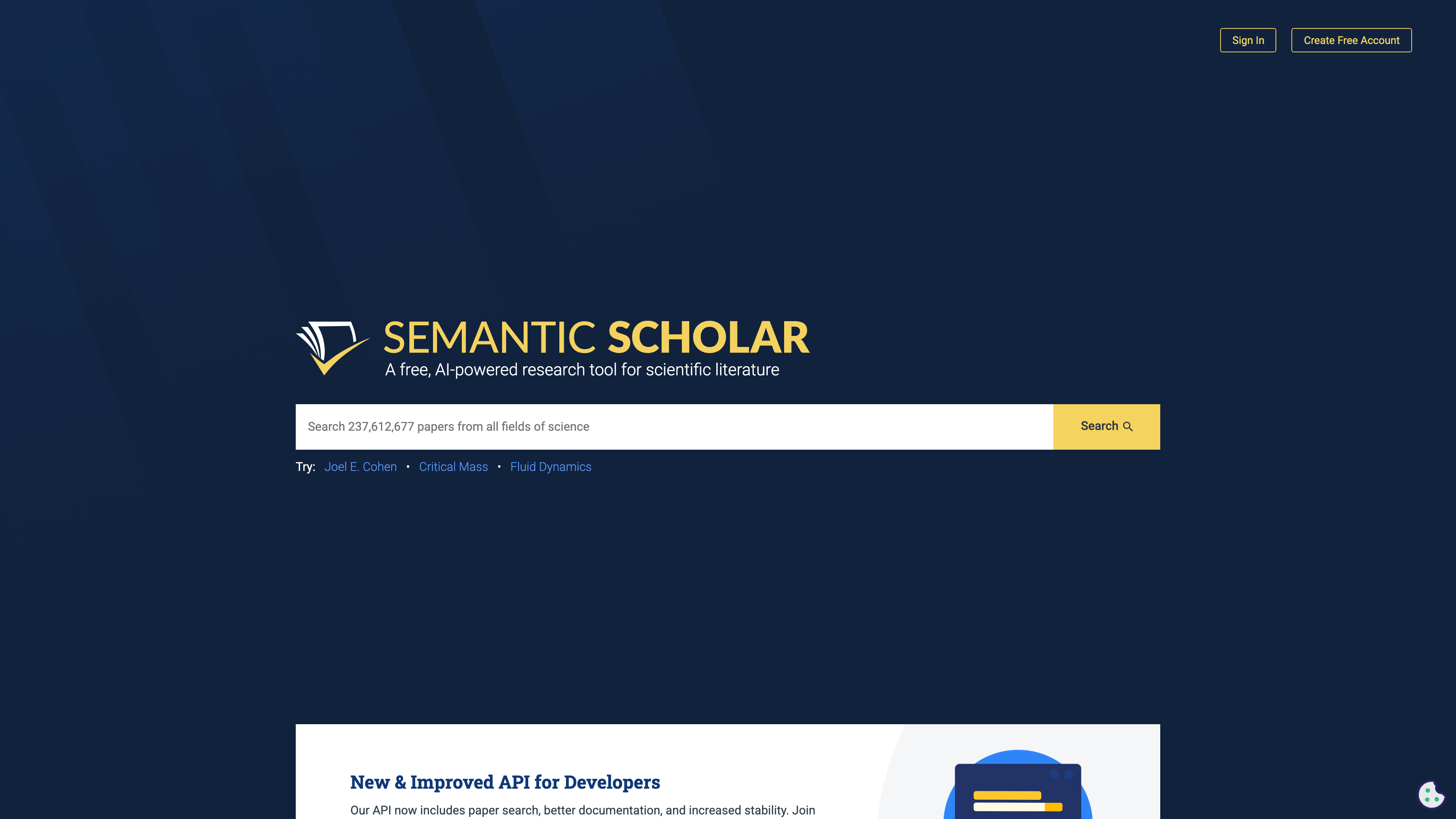 The Semantic Scholar homepage, with the search box showing the live count of indexed papers