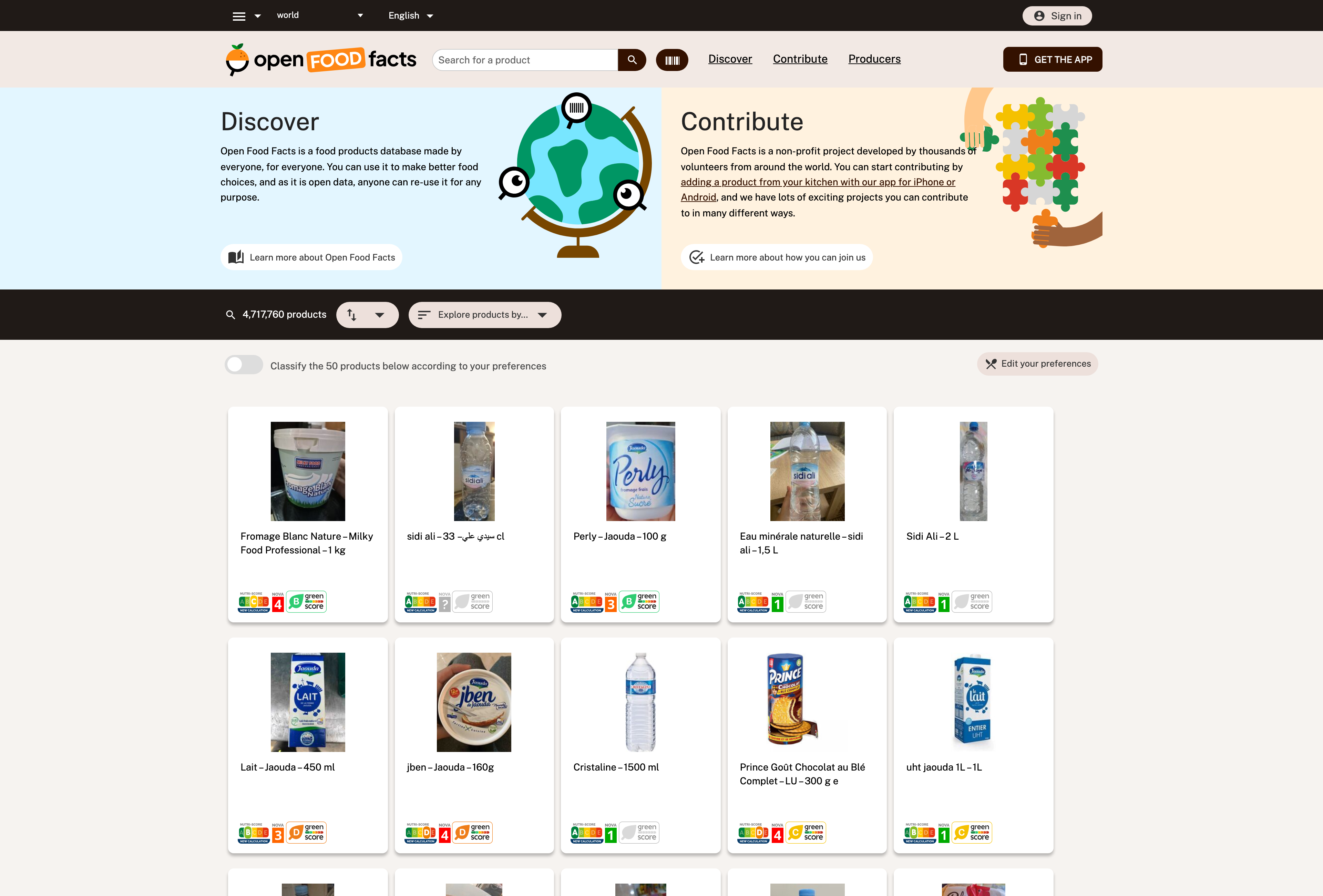 Open Food Facts homepage with the product search box, barcode scan entry point and database statistics