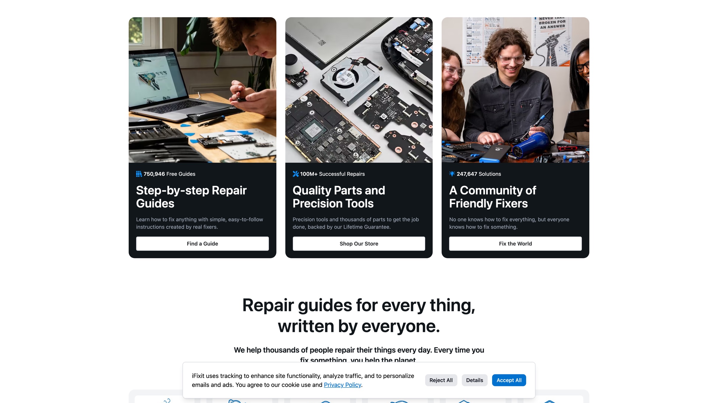 The iFixit homepage: three stat cards showing the numbers of free guides, Answers solutions and successful repairs, with device category tiles below