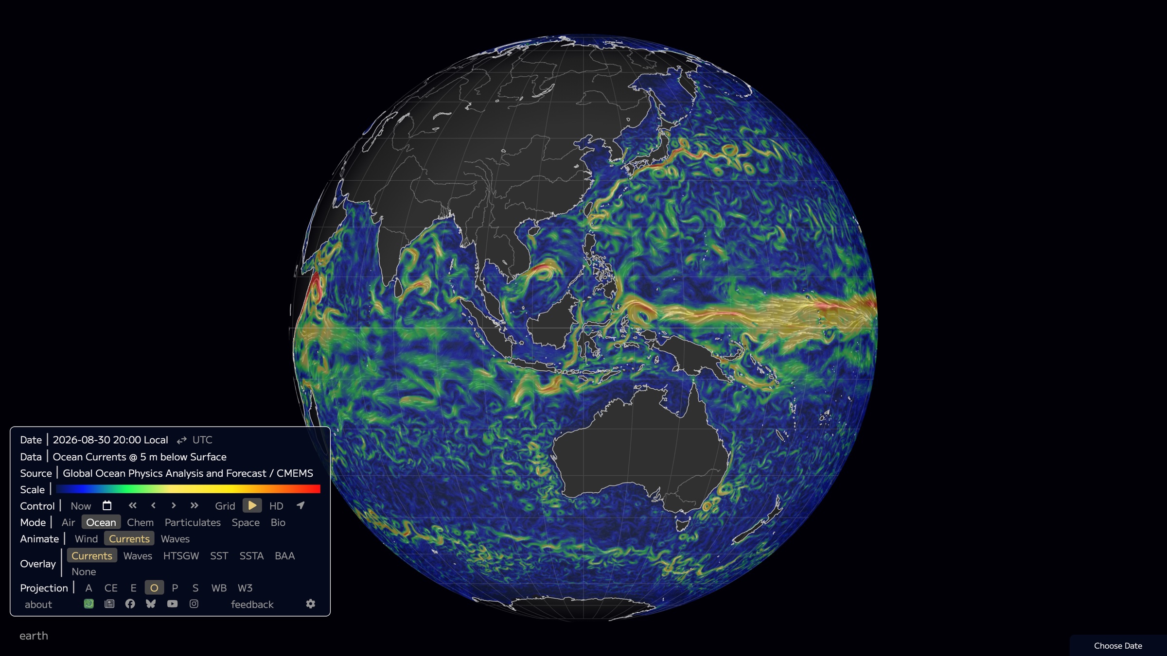 Ocean mode: global currents flowing as particles over sea surface temperature, with the menu attributing the active layer to its data source