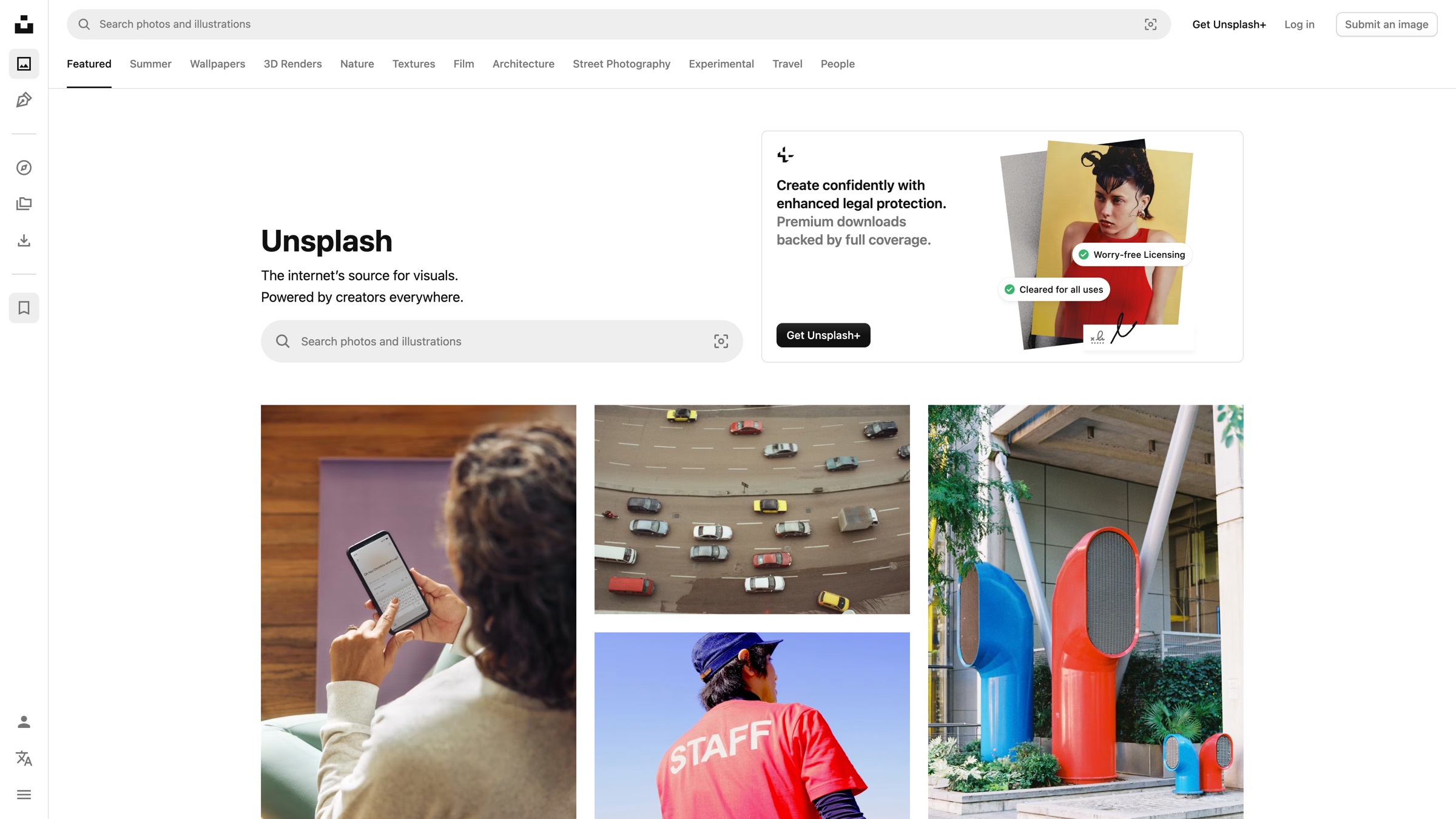 The Unsplash homepage with search bar, topic navigation, and photo feed