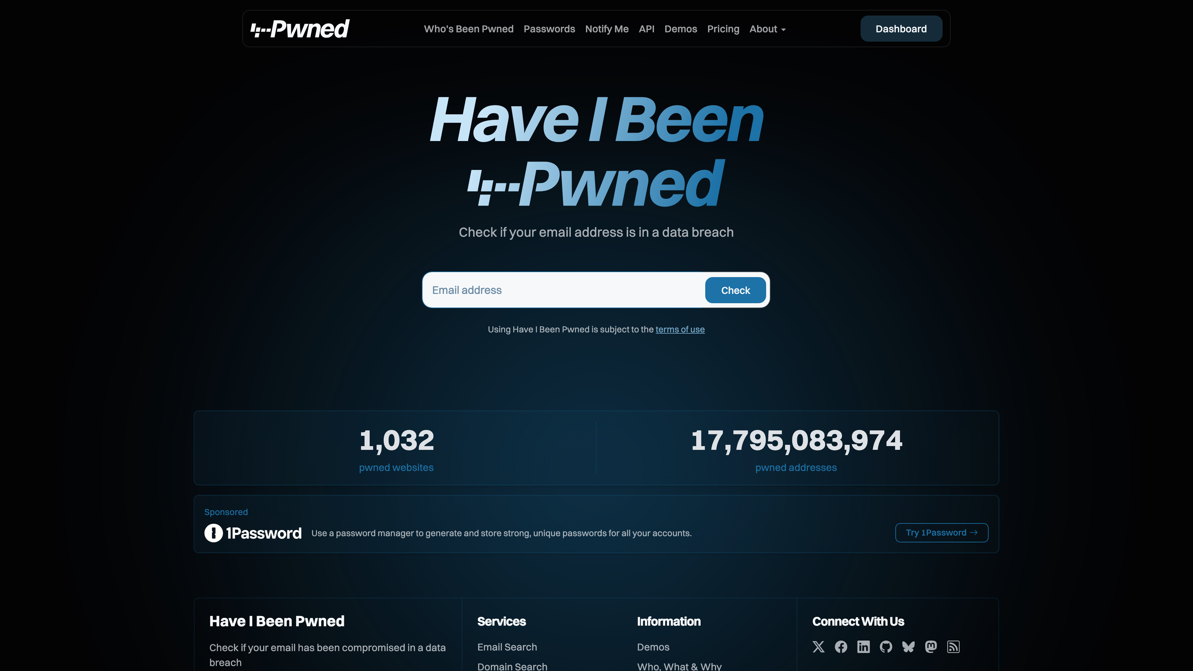 The Have I Been Pwned homepage: a search box with live corpus statistics below