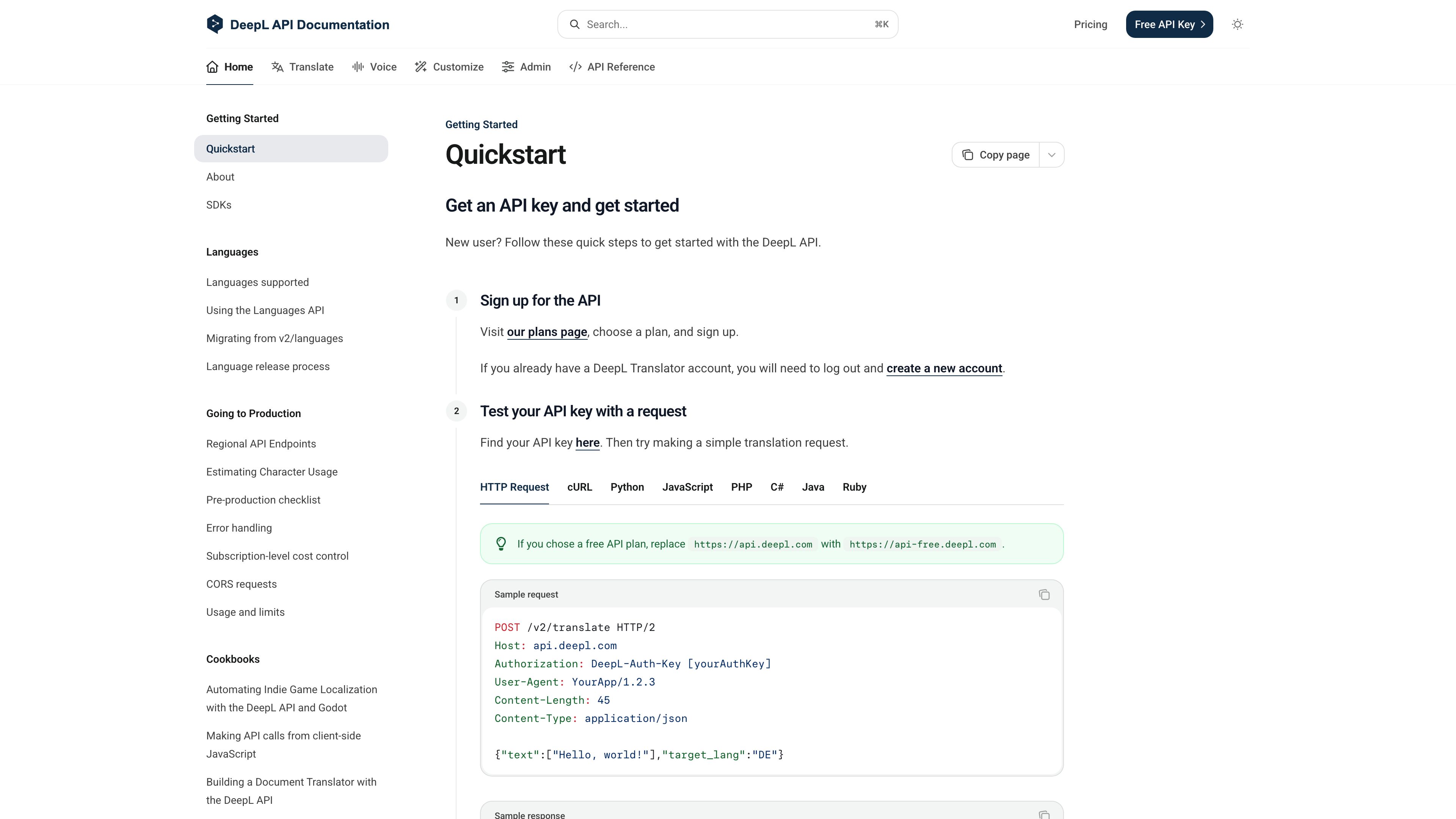 DeepL API developer documentation Quickstart page with code samples in multiple languages
