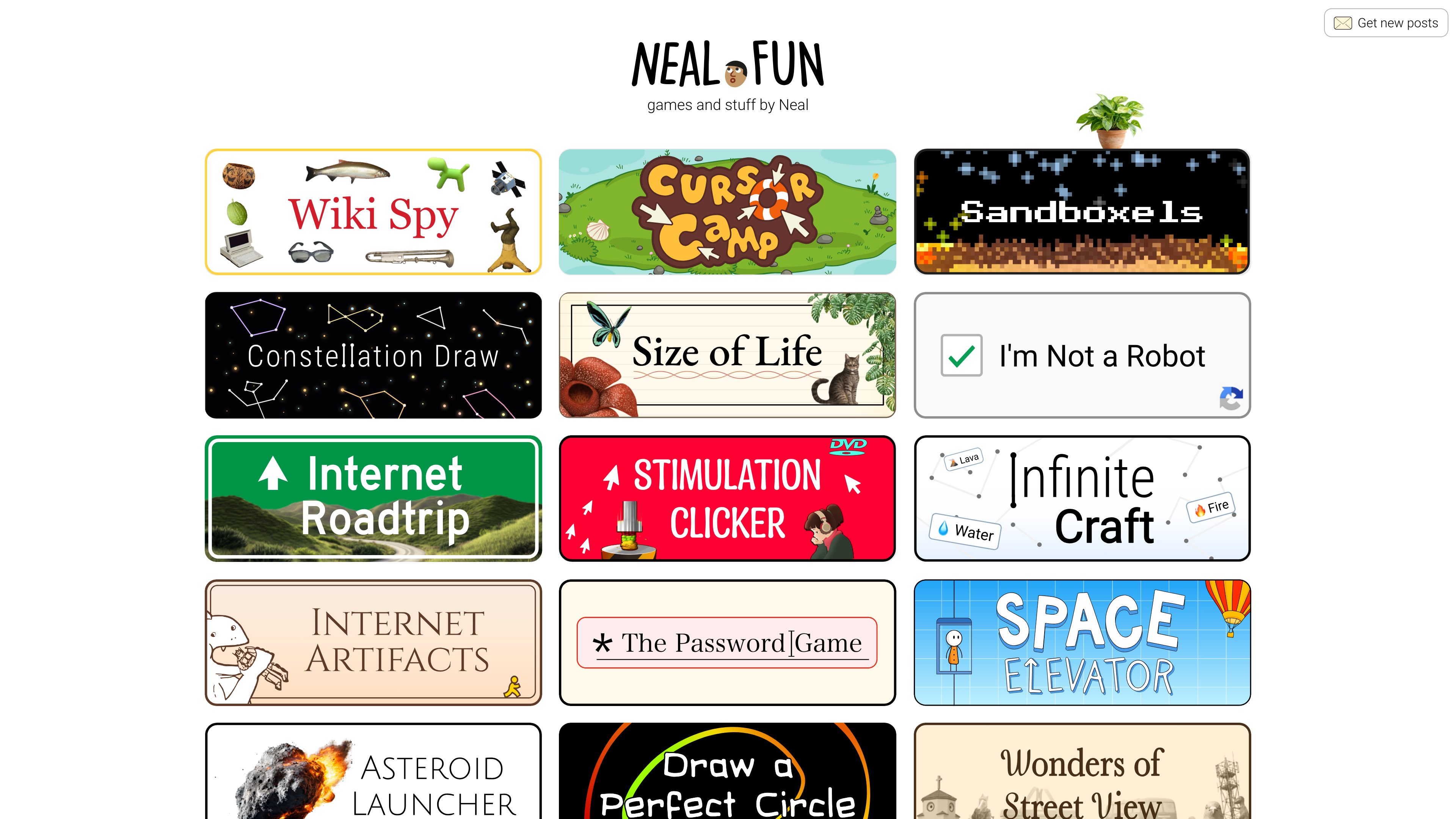 The Neal.fun homepage lists every project as a grid of cards, newest first