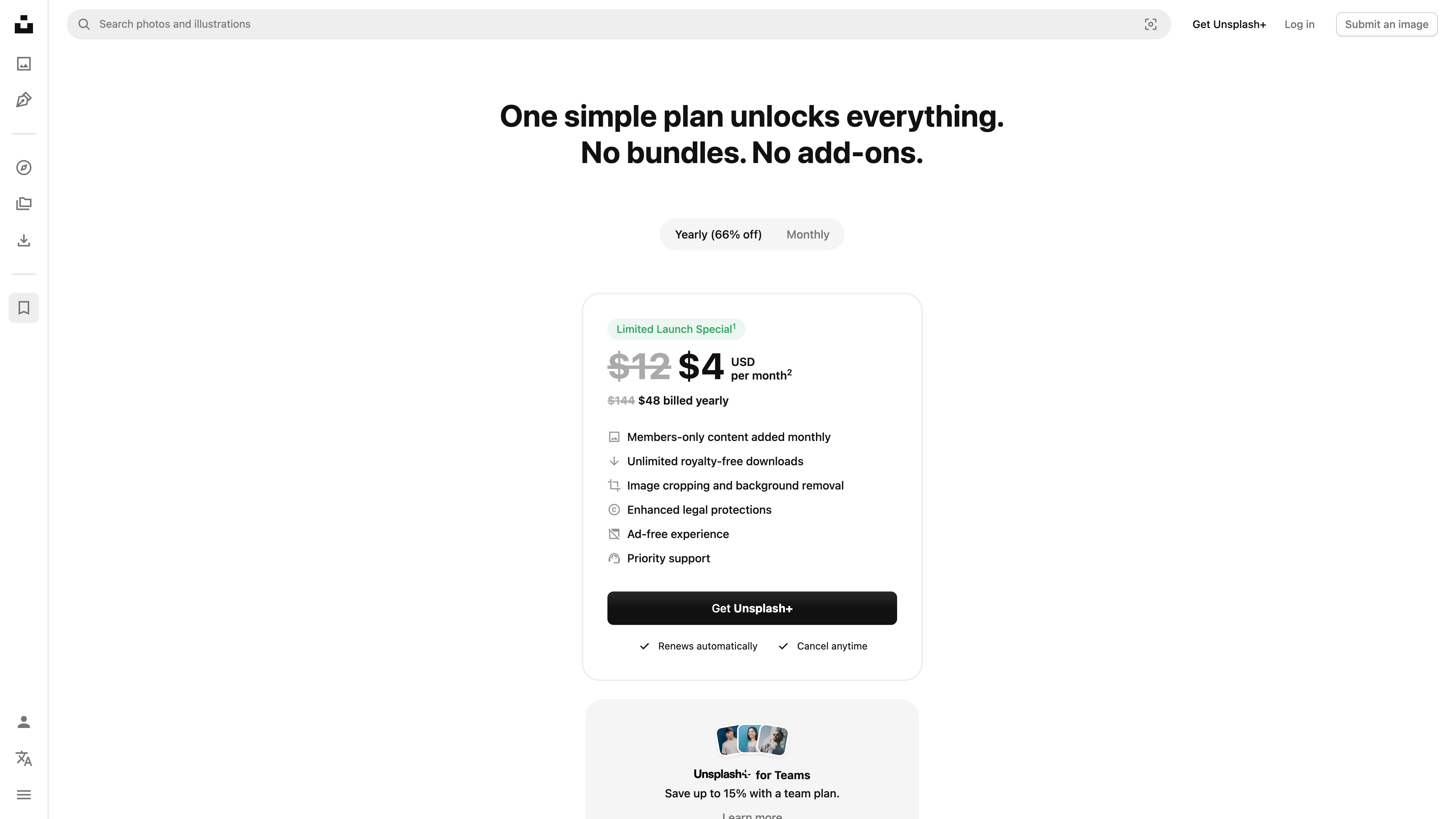 The Unsplash+ pricing page: the yearly plan works out to $4 per month (limited launch special), with member benefits listed below