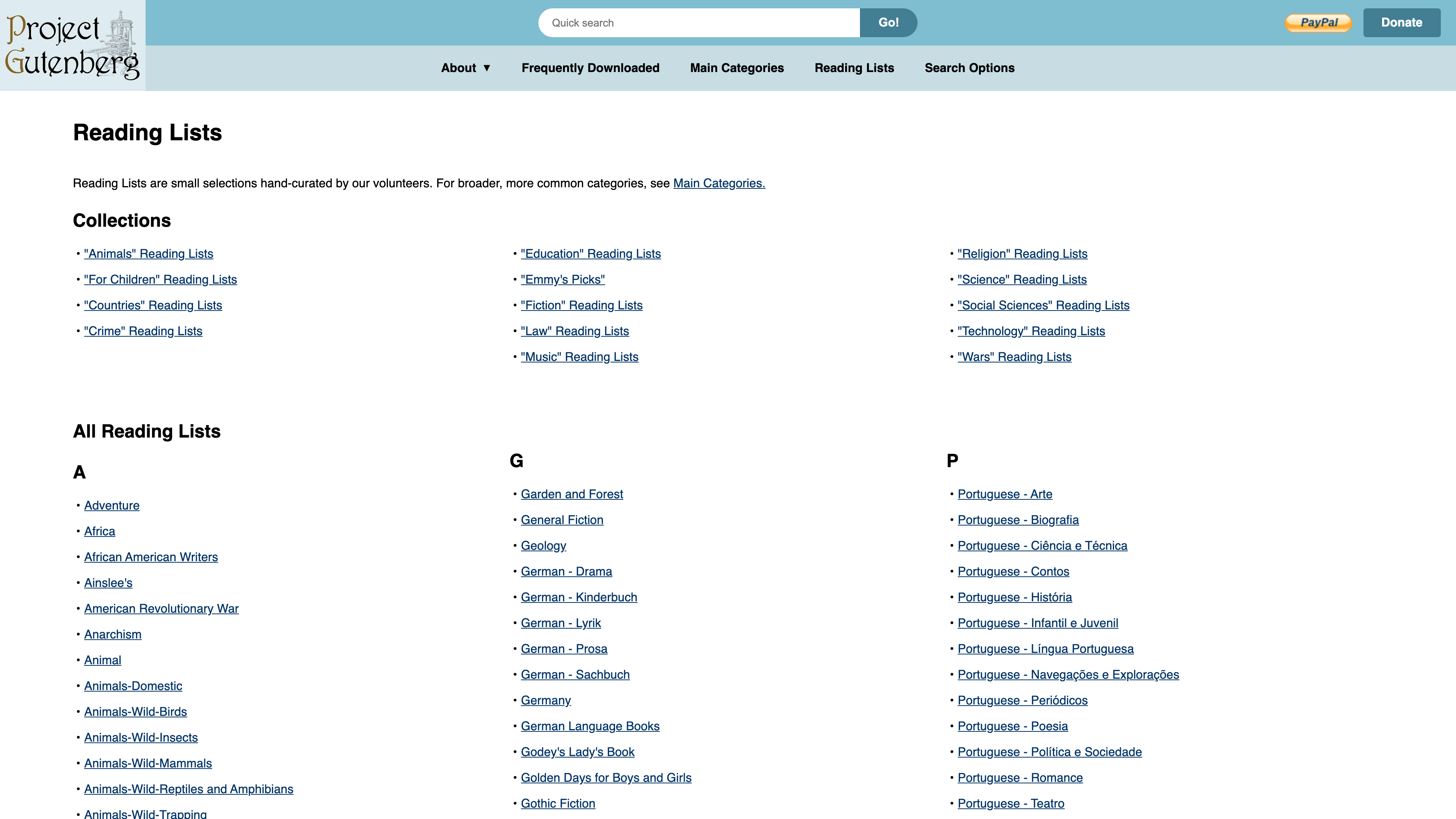 The Reading Lists page: hand-curated volunteer selections listed alphabetically, with thematic Collections grouped above