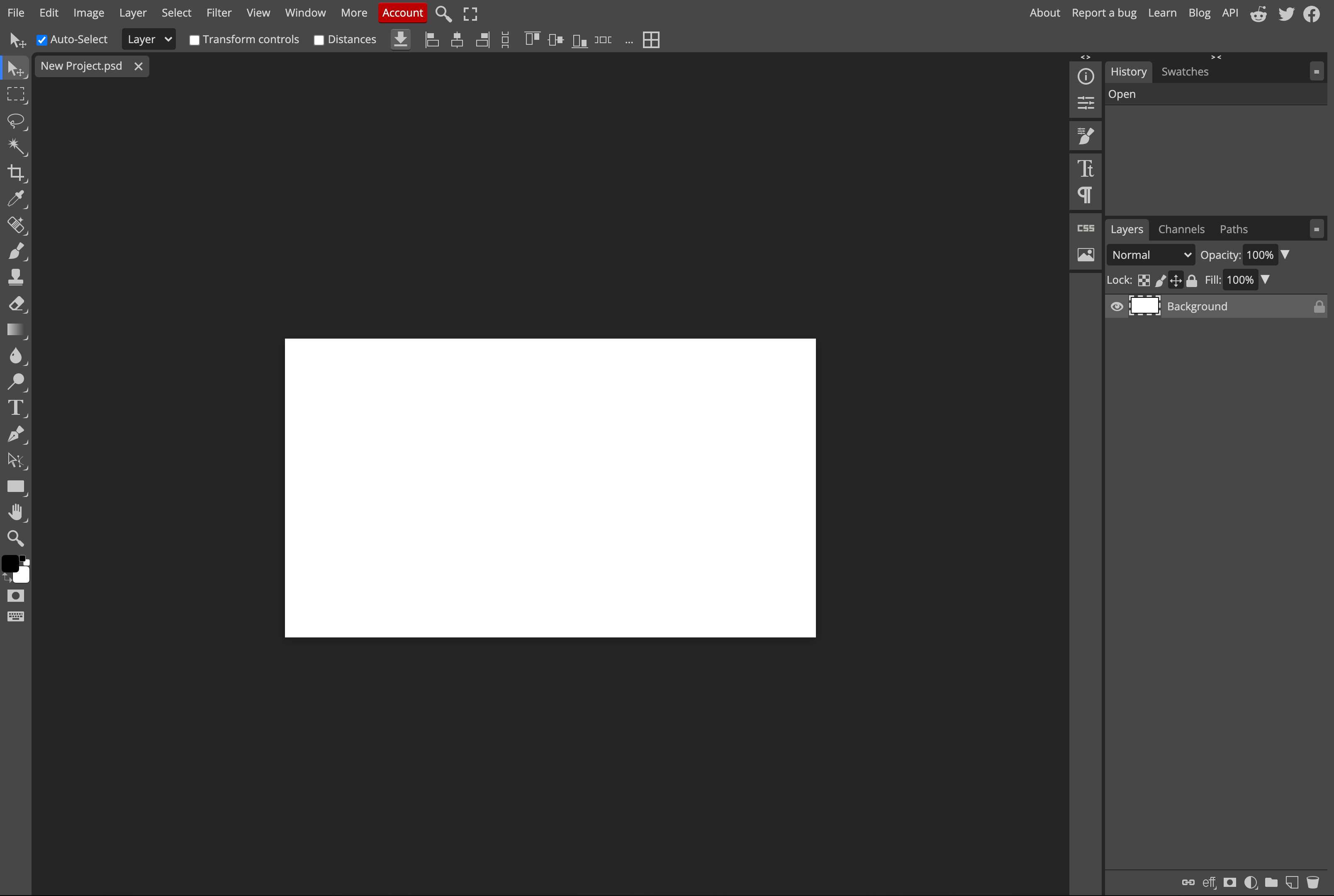 Photopea's editing workspace: toolbar on the left, canvas in the center, History and Layers panels on the right (the ad column on the far right has been cropped out)