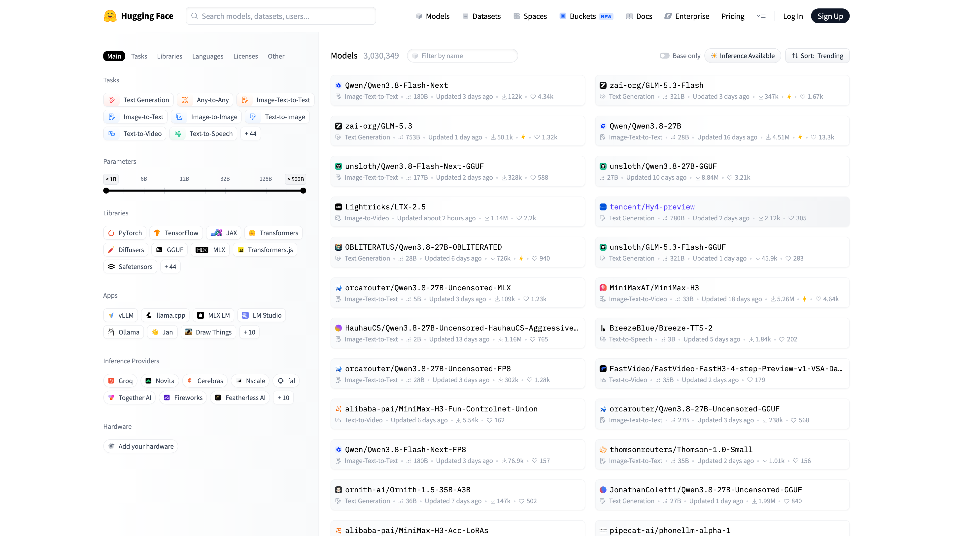 Model listing page with task and framework filters on the left; about 3.03 million models indexed