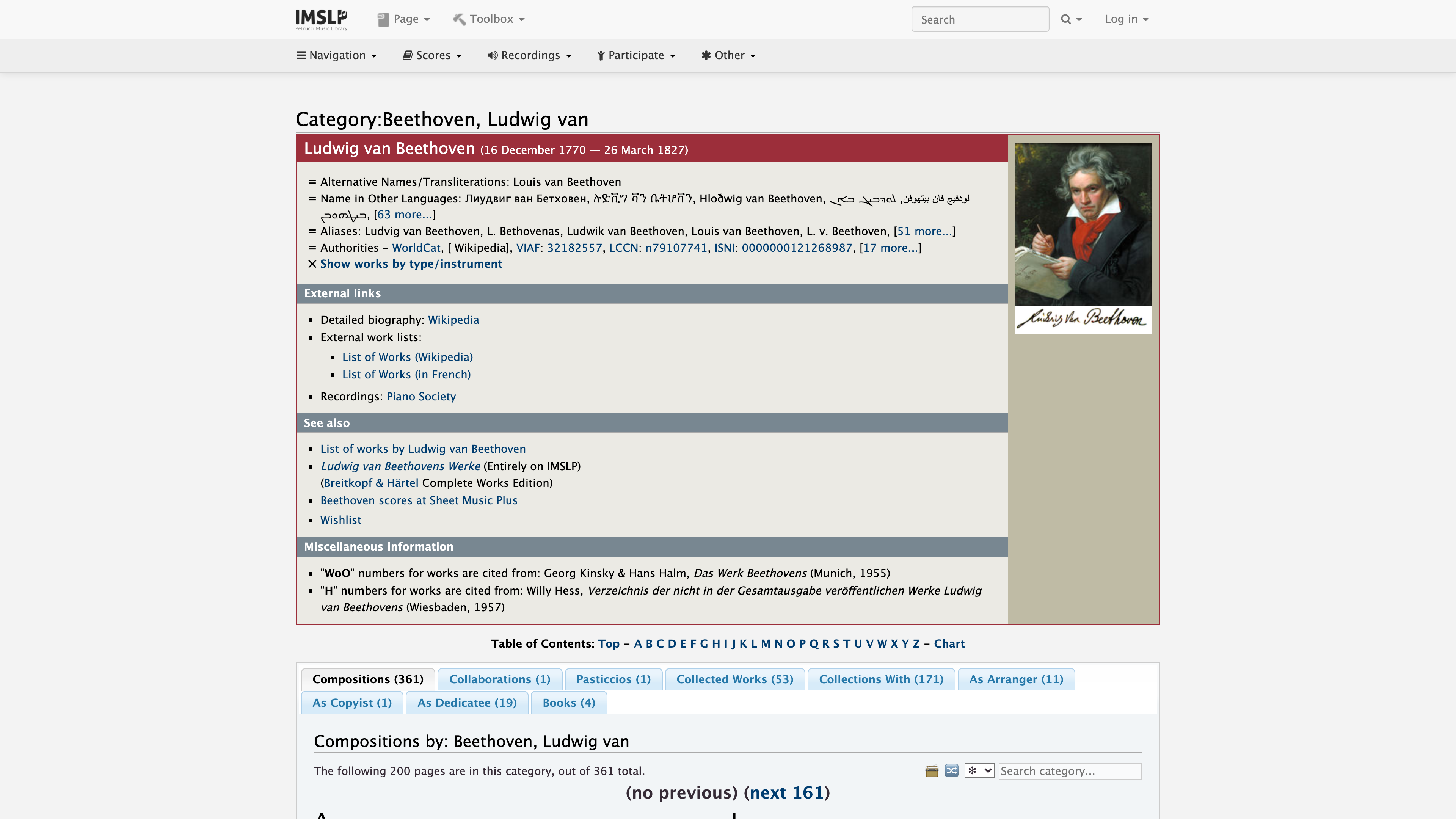 Beethoven composer page: life dates and authority data, works listed alphabetically with type and instrument filters