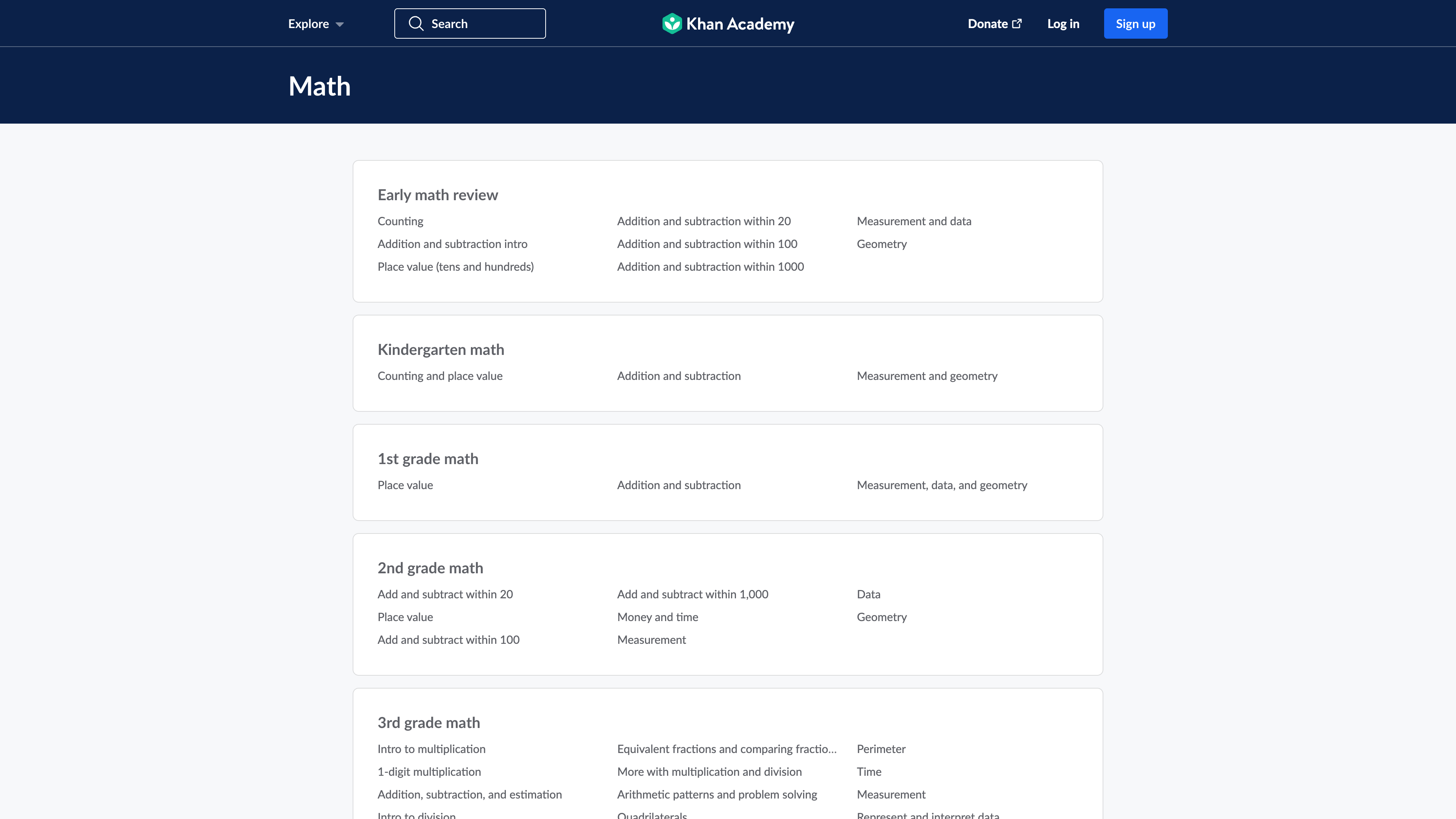 The math subject page, with courses arranged from kindergarten upward