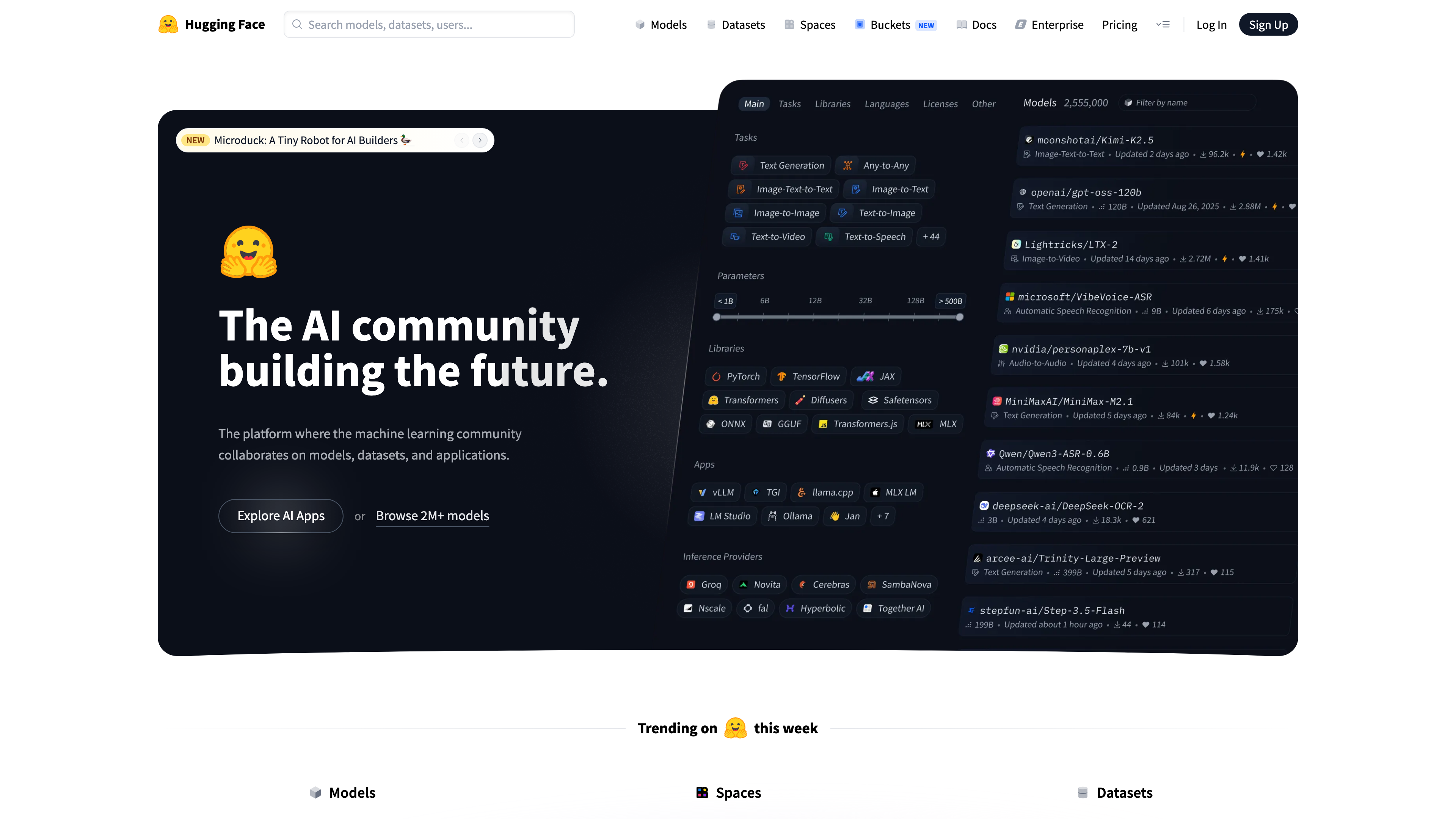 Hugging Face homepage with its tagline and trending models, Spaces, and datasets of the week