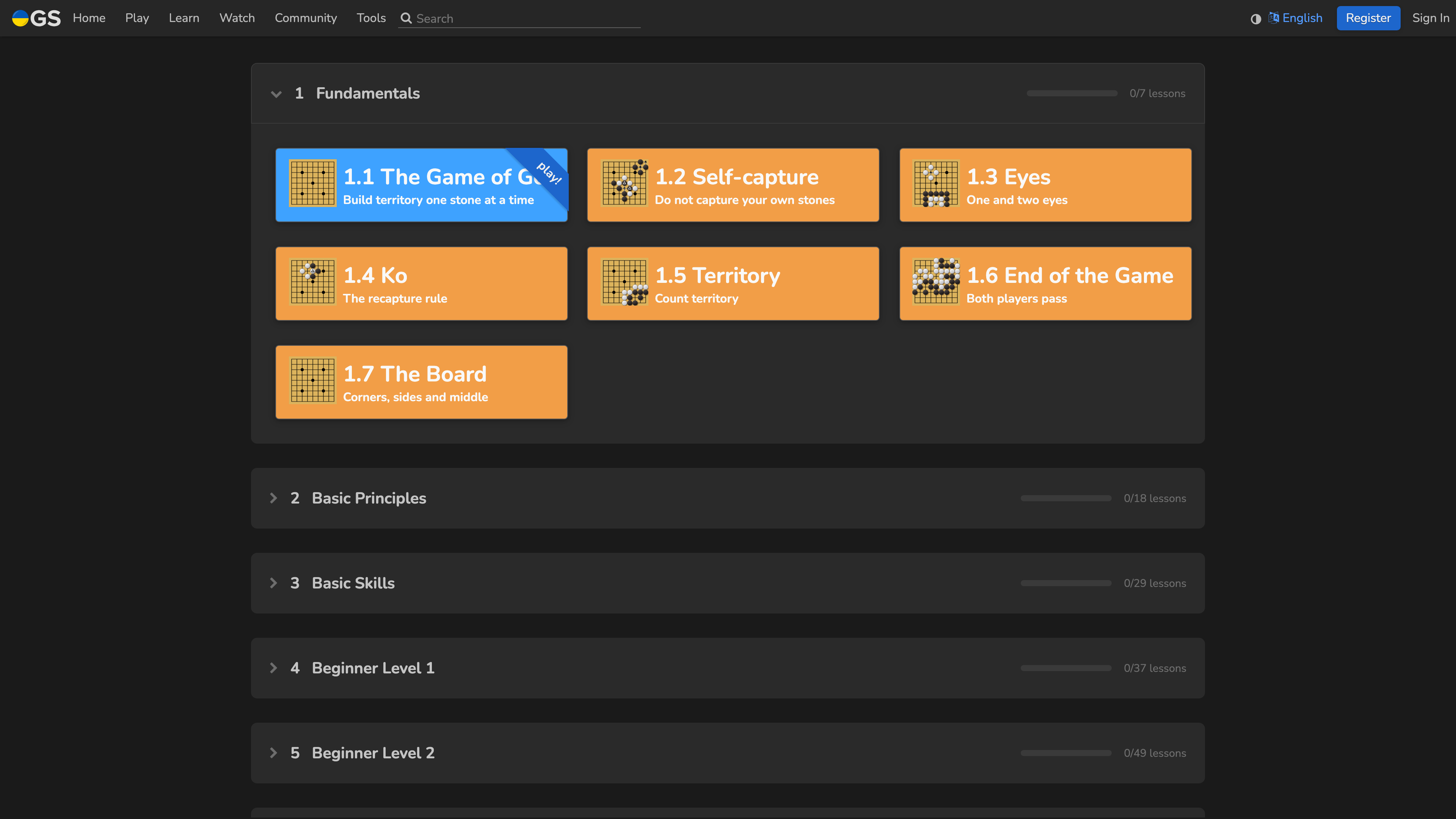 The OGS interactive beginner course: 7 sections and 248 lessons from the rules upward